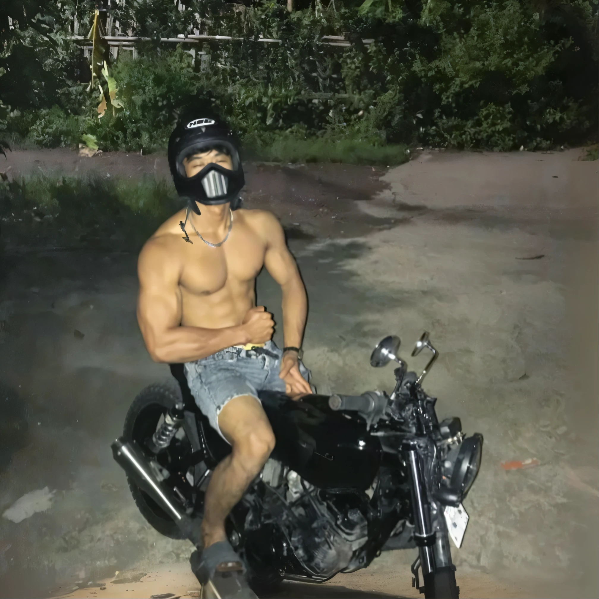 there is a man sitting on a motorcycle wearing a gas mask, without helmet, sri lankan mad max style, muscular!!, sitting on cyberpunk motorbike, biker, motorcycle, super buff and cool, sitting on a motorcycle, with abs, muscular, muscular!!!, motorbiker, muscle, profile image, abs, indian, motorbike, riding a motorcycle, indian super model