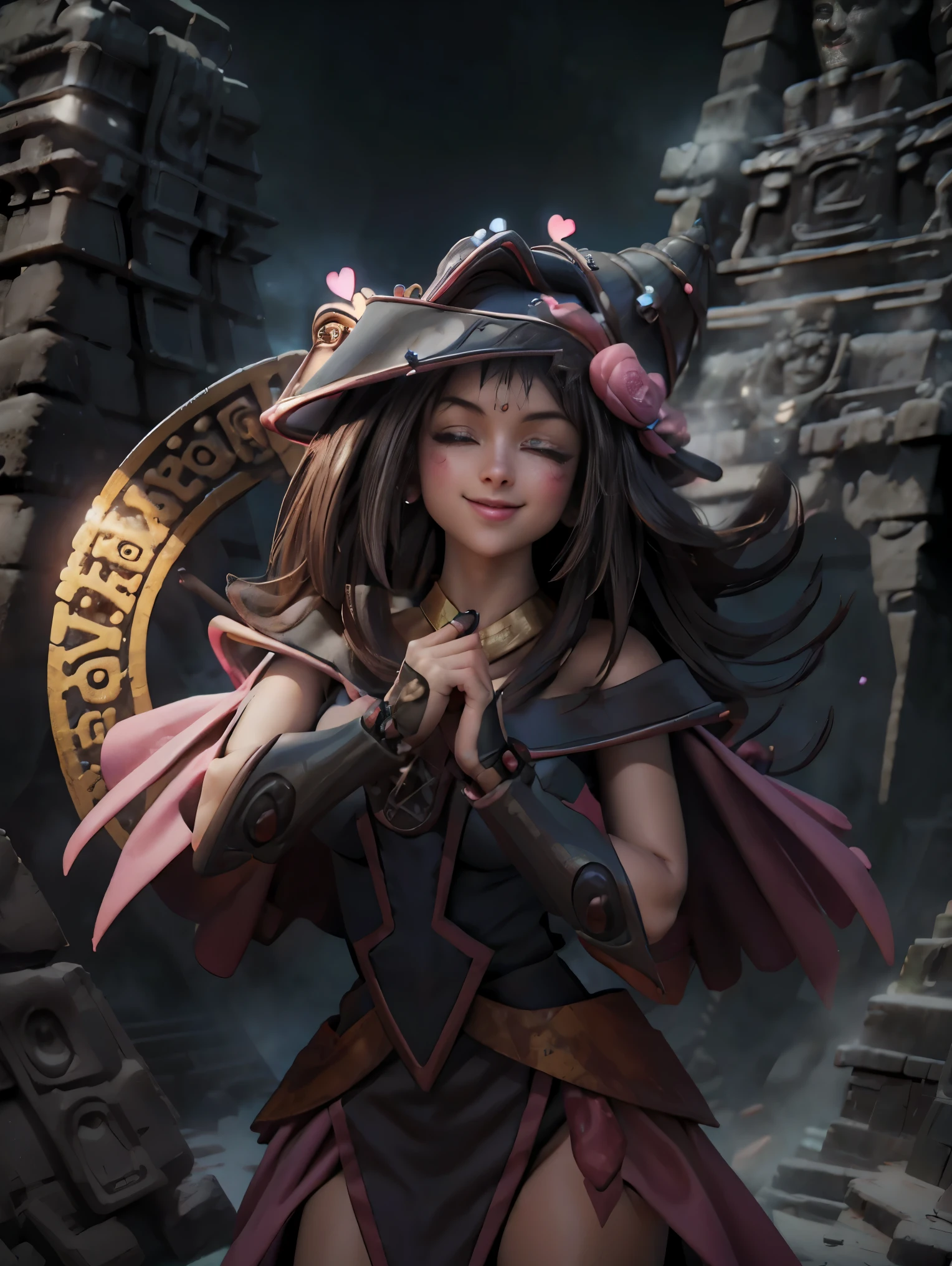 Dark magician gils vestida con traje maya, ella esta parada, Magic hearts background. Sonrisa en sus labios. Ojos celestes. Cabello rubio. Pose sensual. Levitando en una pie. Background of Mayan ruins and a magical stone portal.