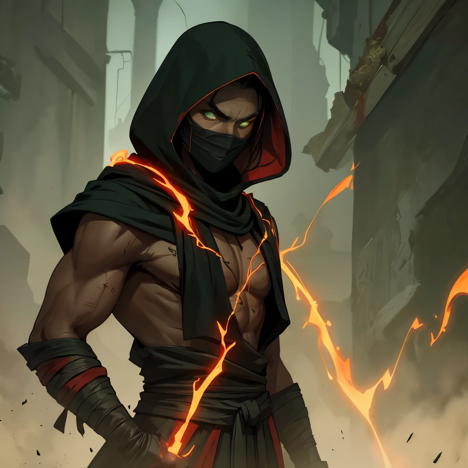 Ermac from Mortal Kombat, wearing black-and-red, mummy-like tattered robe adorned with ancient markings, face is obscured by a mask or hood, (glowing green eyes), ((levitating)), high detail, sharp focus, dramatic, photorealistic painting art ,all people green souls,lurid,necromace,green aura,fight pose,all wraith