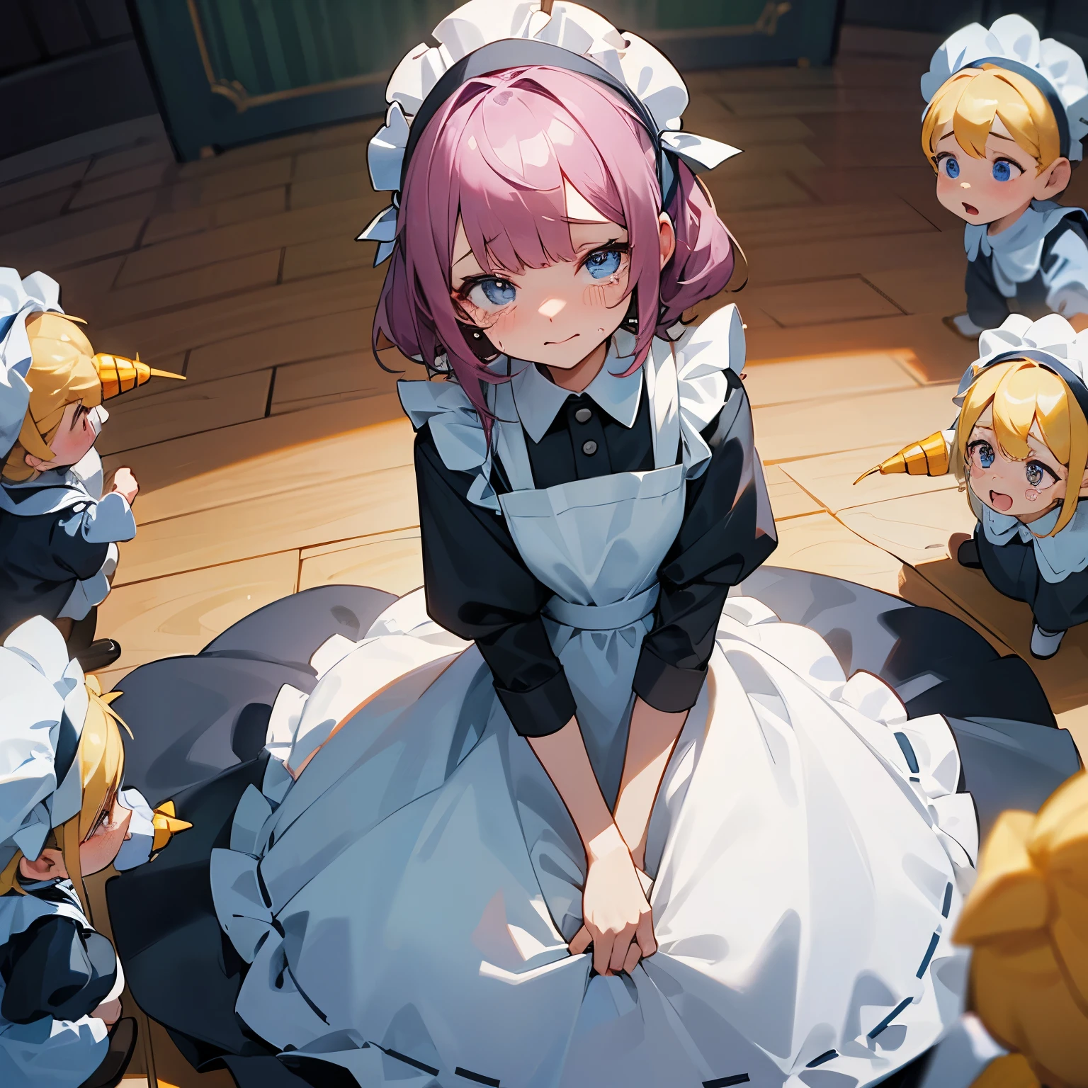 Craftycorn with maid outfit and shy expression with crying children perfect face perfect dress