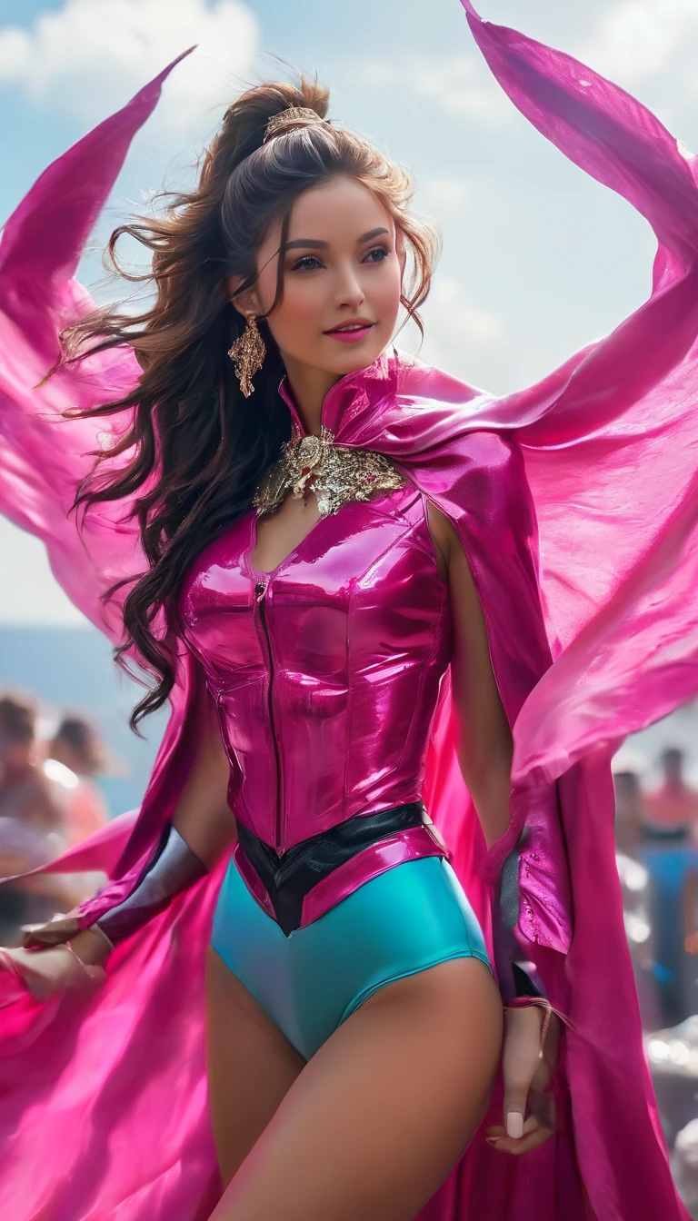 (RAW photo, best quality, masterpiece, ultra-detailed, high res), (realistic),(extremely delicate and beautiful:1), mesmerizing woman with long hair in sleek high ponytail , (((wearing glossy fuchsia pink cloak fastened at the neck :1.20))), crop top and hotpants , detailed features, smiling expression of feelings, imaginative, highly detailed, extremely high-resolution details, photographic, realism pushed to extreme, fine texture, 4k, ultra-detailed, high quality, high contrast, full body shot