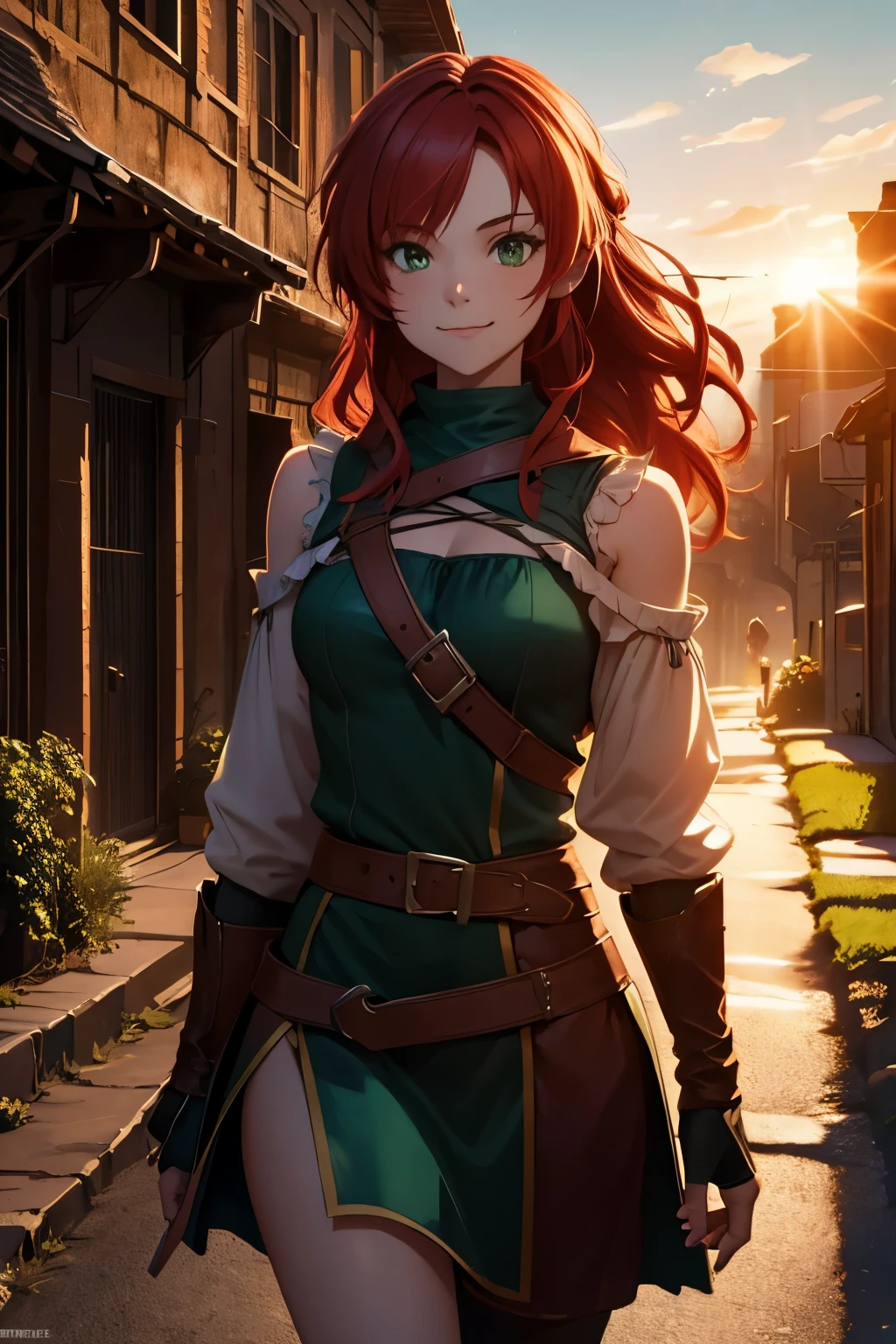 8k wallpaper, masterpiece, movie lighting, medieval setting, Beautiful female rogue with red hair and greenish eyes walking on a winding road with a smile on her face, sunrise with clear skies background