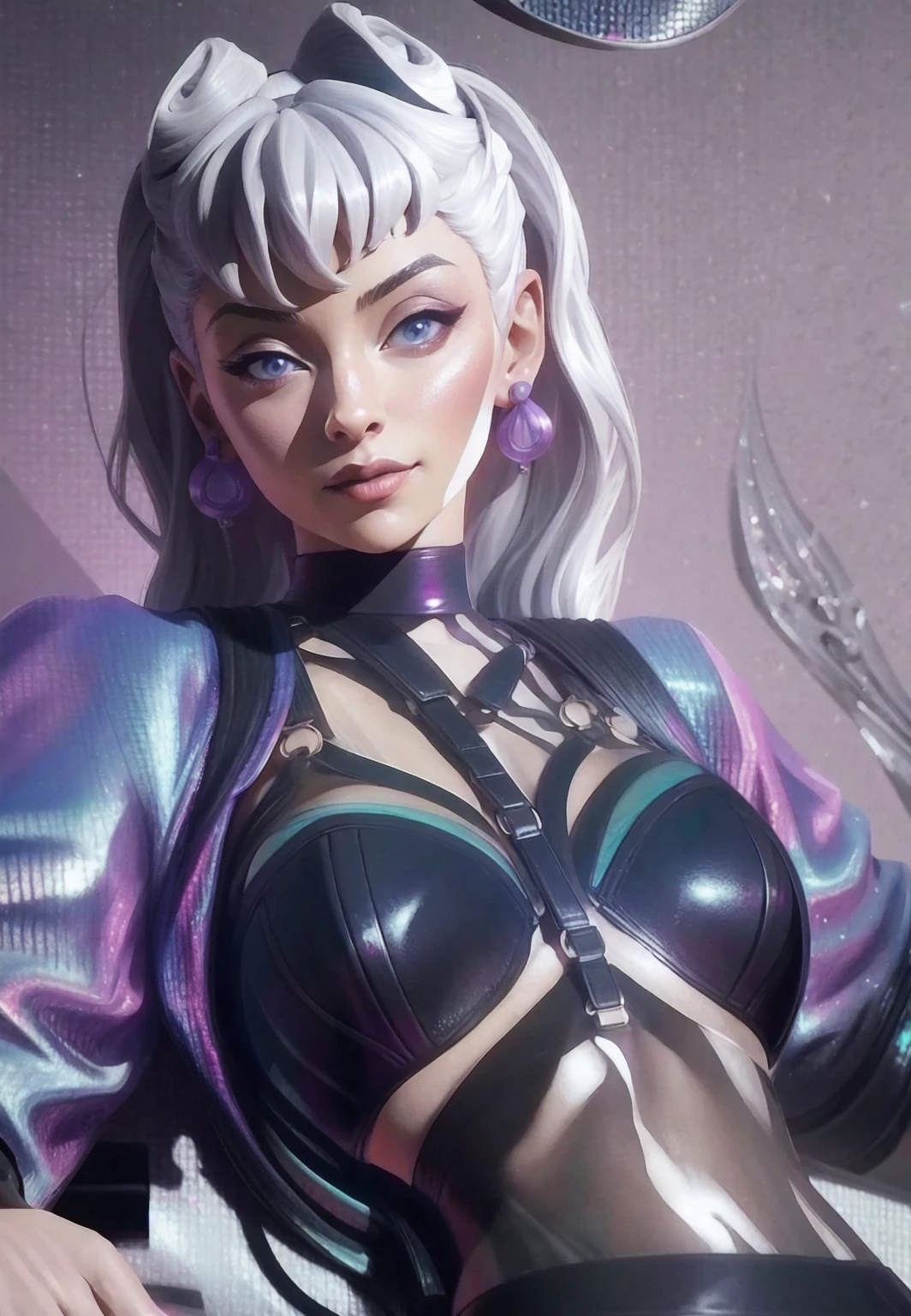 { - anatomy error} (Masterpiece - Ultra-detailed, very high resolution)  1woman, 30 years old, evekda, white hair, earings, in black, cropped purple-blue jacket, (harness bra), 3d, render, dinamic poses