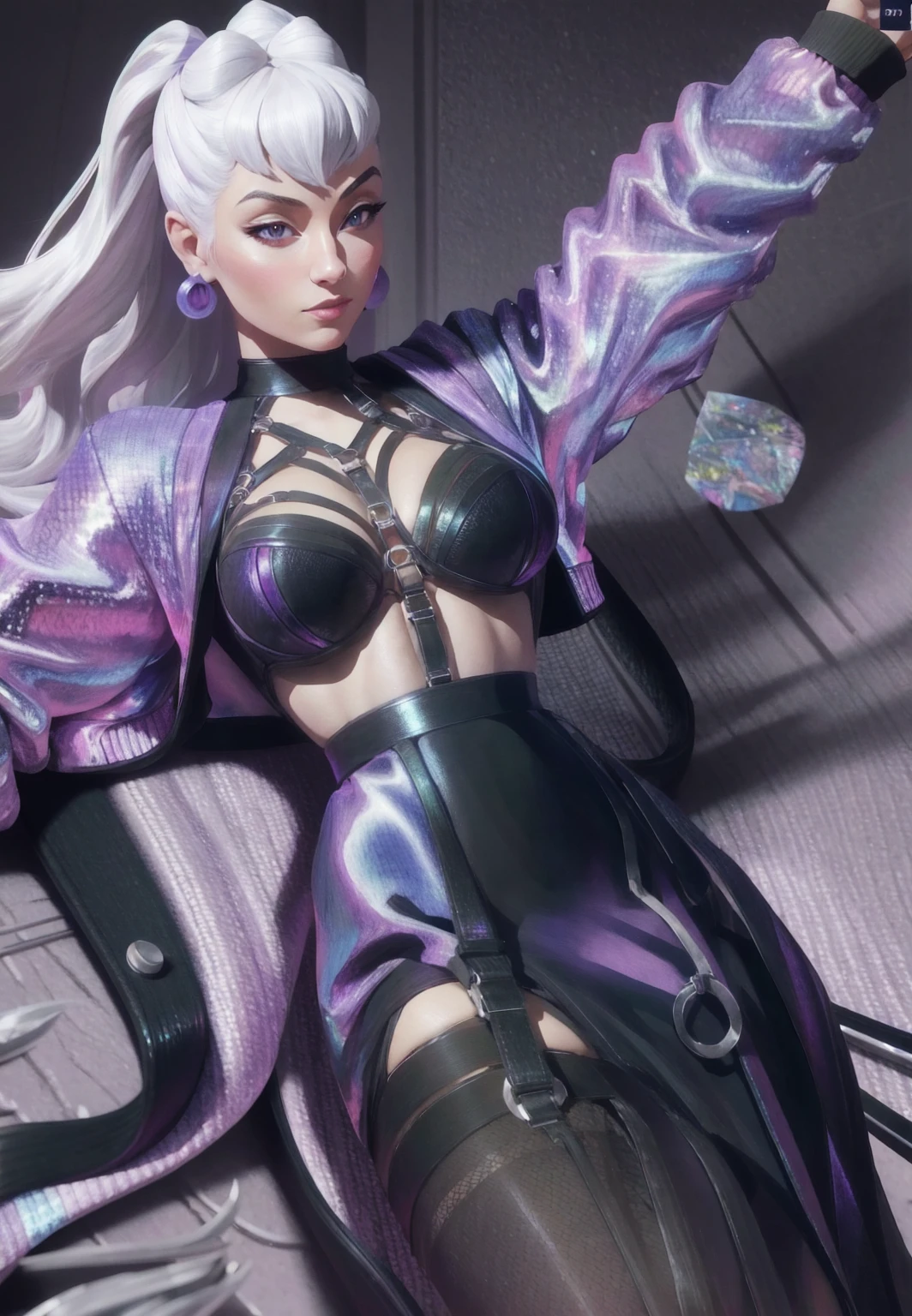 { - anatomy error} (Masterpiece - Ultra-detailed, very high resolution)  1woman, 30 years old, evekda, white hair, earings, in black, cropped purple-blue jacket, (harness bra), 3d, render, dinamic poses