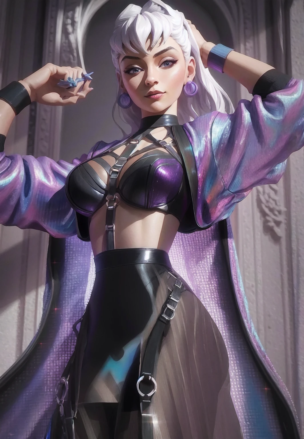 { - anatomy error} (Masterpiece - Ultra-detailed, very high resolution)  1woman, 30 years old, evekda, white hair, earings, in black, cropped purple-blue jacket, (harness bra), 3d, render, dinamic poses