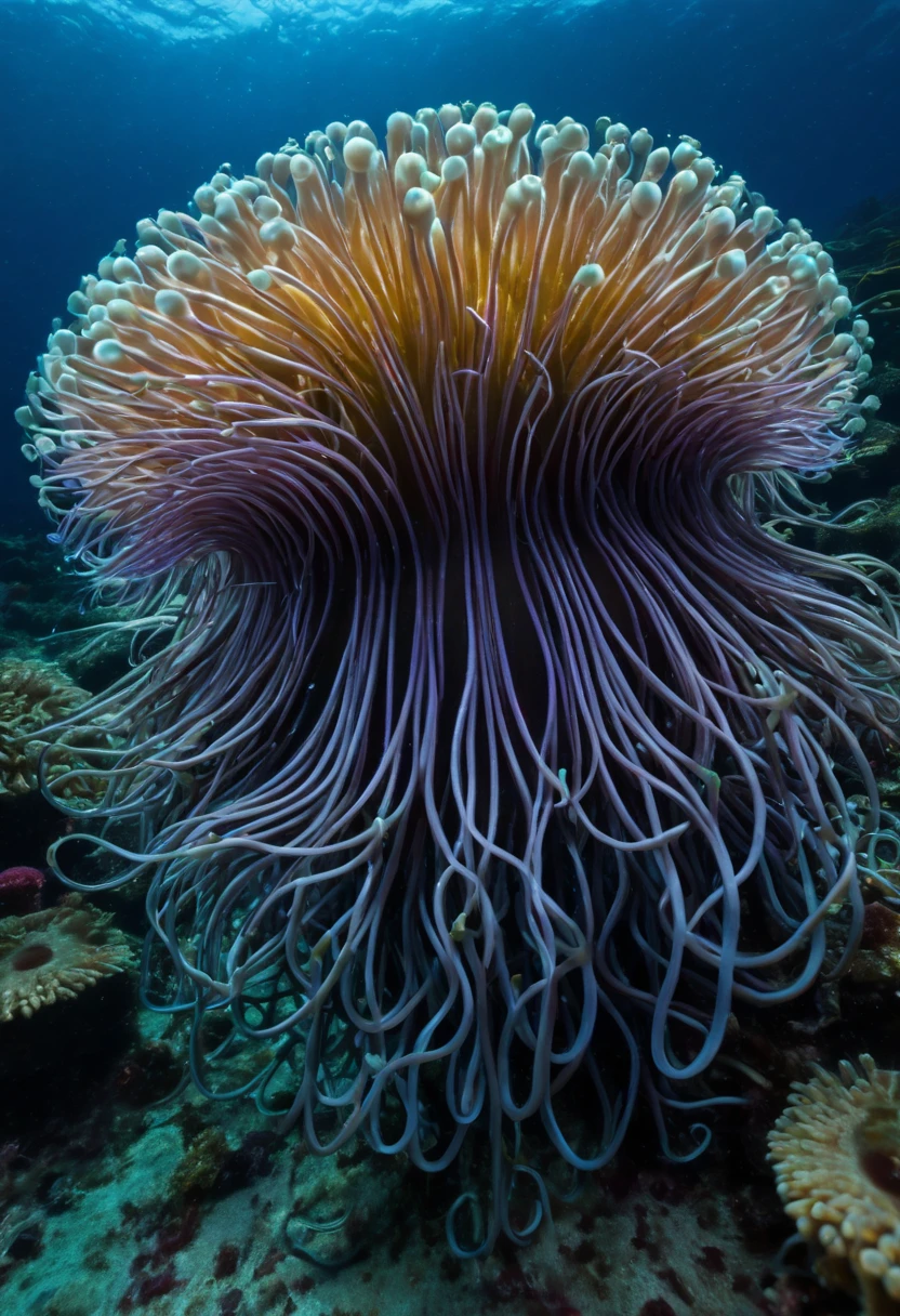 A gigantic anemone with undulating tentacles, some shaped like electronic circuits.