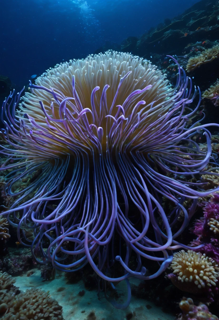 A gigantic anemone with undulating tentacles, some shaped like electronic circuits.