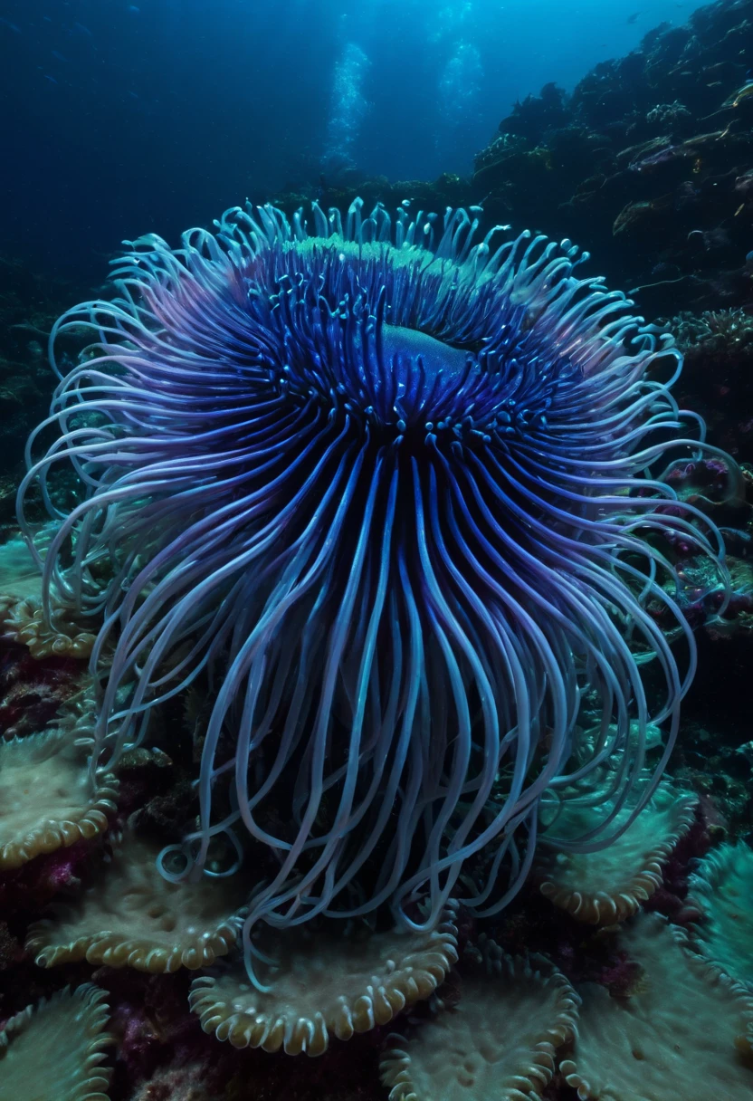 A gigantic anemone with undulating tentacles, some shaped like electronic circuits.