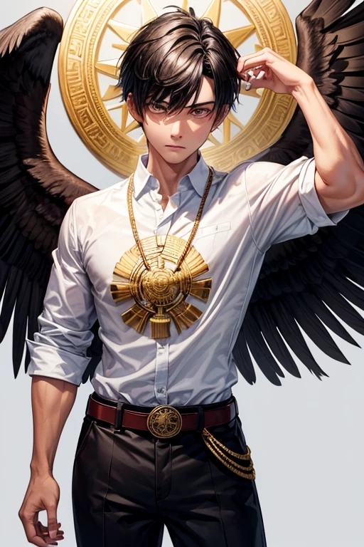 Boy with black hair, short banco shirt, white shirt, black pants, eagle belt, amarillo eyes, eagle wings on his back, brown feathers with red tips, muscular complexion, slim golden Aztec medallion