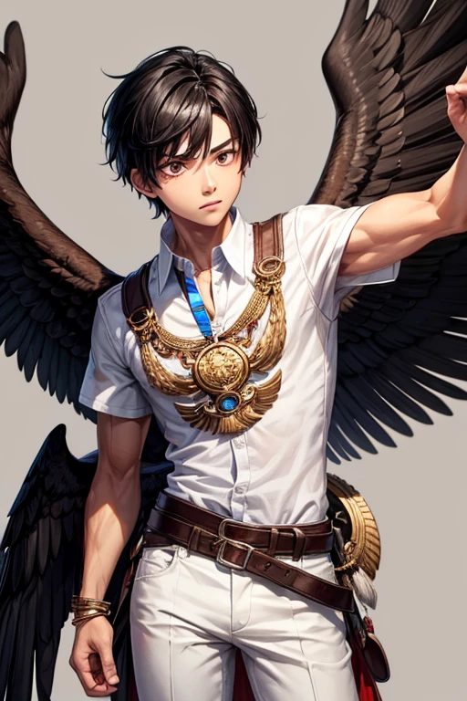 Boy with black hair, short banco shirt, white shirt, black pants, eagle belt, amarillo eyes, eagle wings on his back, brown feathers with red tips, muscular complexion, slim golden Aztec medallion 