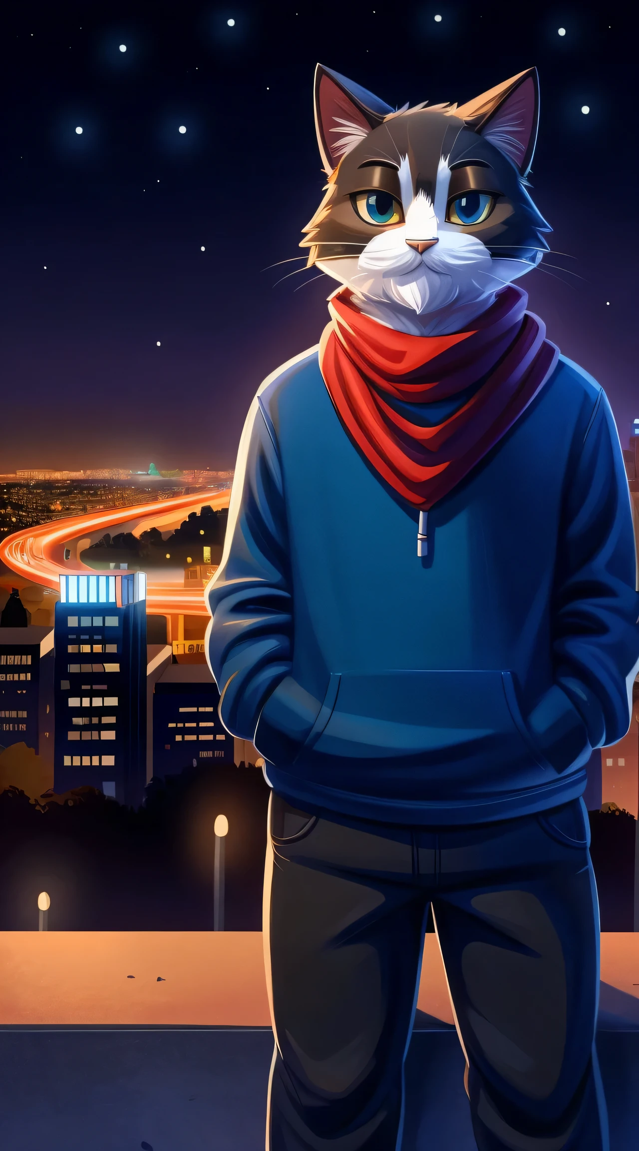 a full body, anthropomorphic old adult cat with a mustache wearing a blue hoodie, pants and a red scarf around the neck, cute face , posing for a picture looking at viewer in a hill at night with a city in the distance