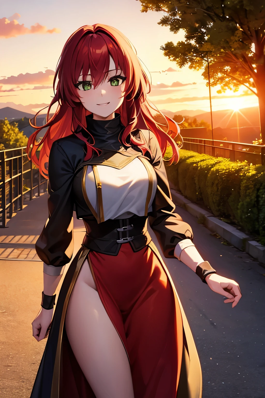 8k wallpaper, masterpiece, movie lighting, medieval setting, Beautiful female rogue with red hair and greenish eyes walking on a winding road with a smile on her face, sunrise with clear skies background