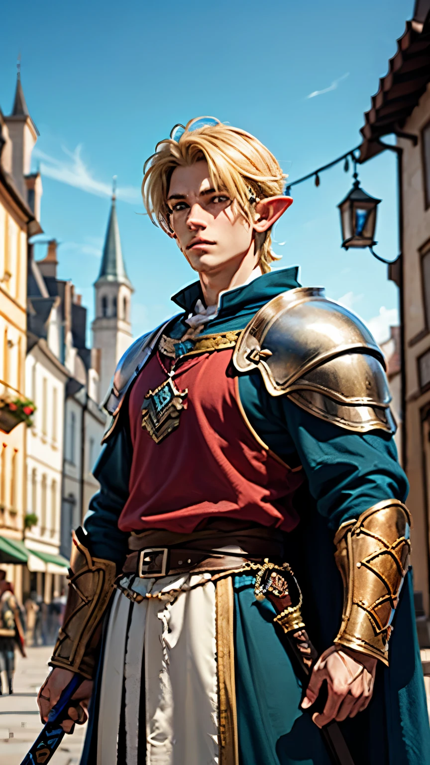 medieval fantasy art, a young male elf, he is wearing a brest plate, medium lenght blonde hair, has a longsword and shield, wearing red fine clothes, a medieval city on the background, ultra realistic