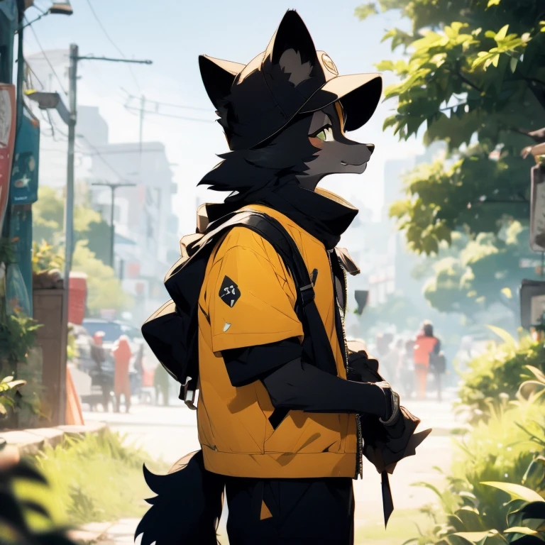 10-year-old black wolf , bright green eyes, black fur, extremely long black hair, yellow sun dress, newsboy-cap