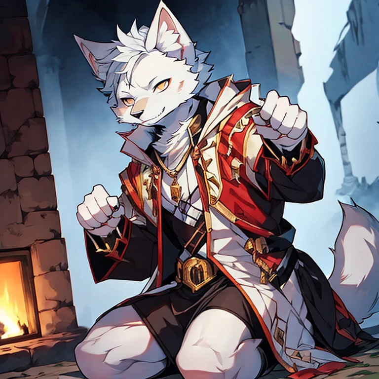 man，White wolf，Dungeon Background，kneel，quilt，，，，Doggy Style