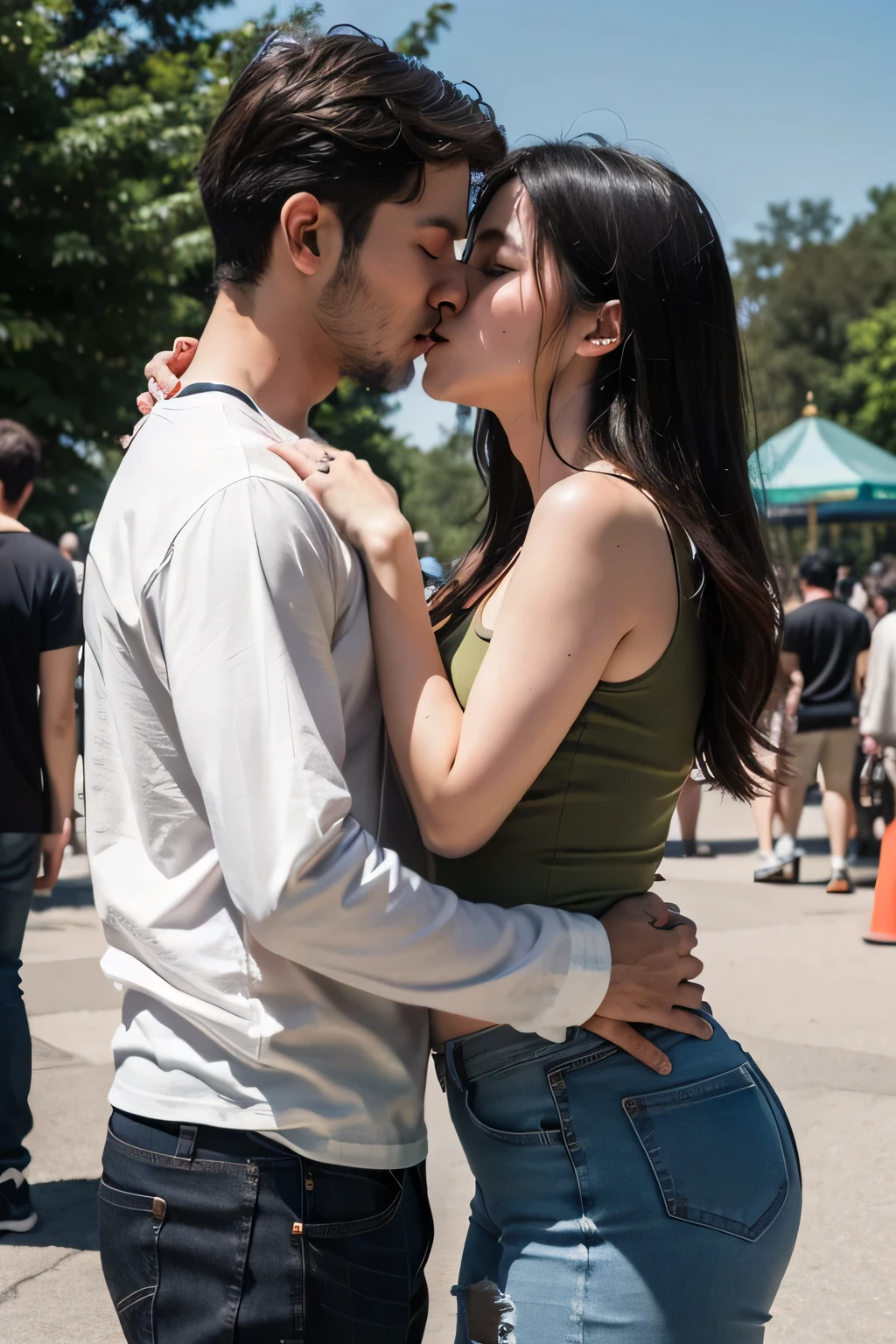 Man wearing maroon full sleeved t shirt and ripped jeans kissing a sexy woman wearing a olive green tank top, white shirt and pants in an amusement park