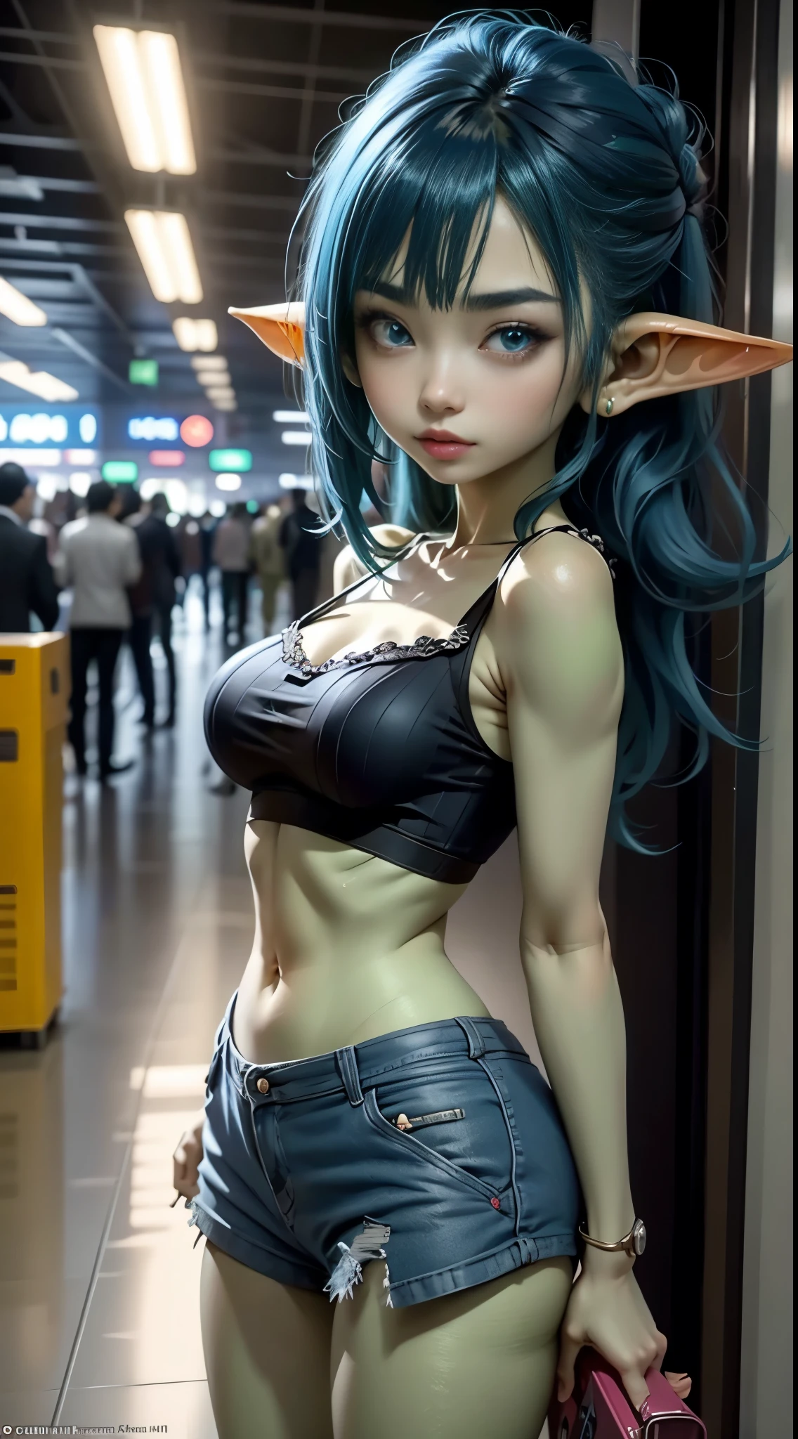 goblin girl, green skin, small pointy ears, sfw, Anime character with blue hair and blue eyes holding mobile phone, Top Rated on pixiv, pixiv, popular on pixiv, In pixiv, Pixiv Contest Winner, pixiv daily ranking, pixiv 3dcg, pixiv style, featured on pixiv, trending in pixiv, pixiv trending, Digital art at Pixiv, 2 d anime style, wearing bra,((skinny waist)), 