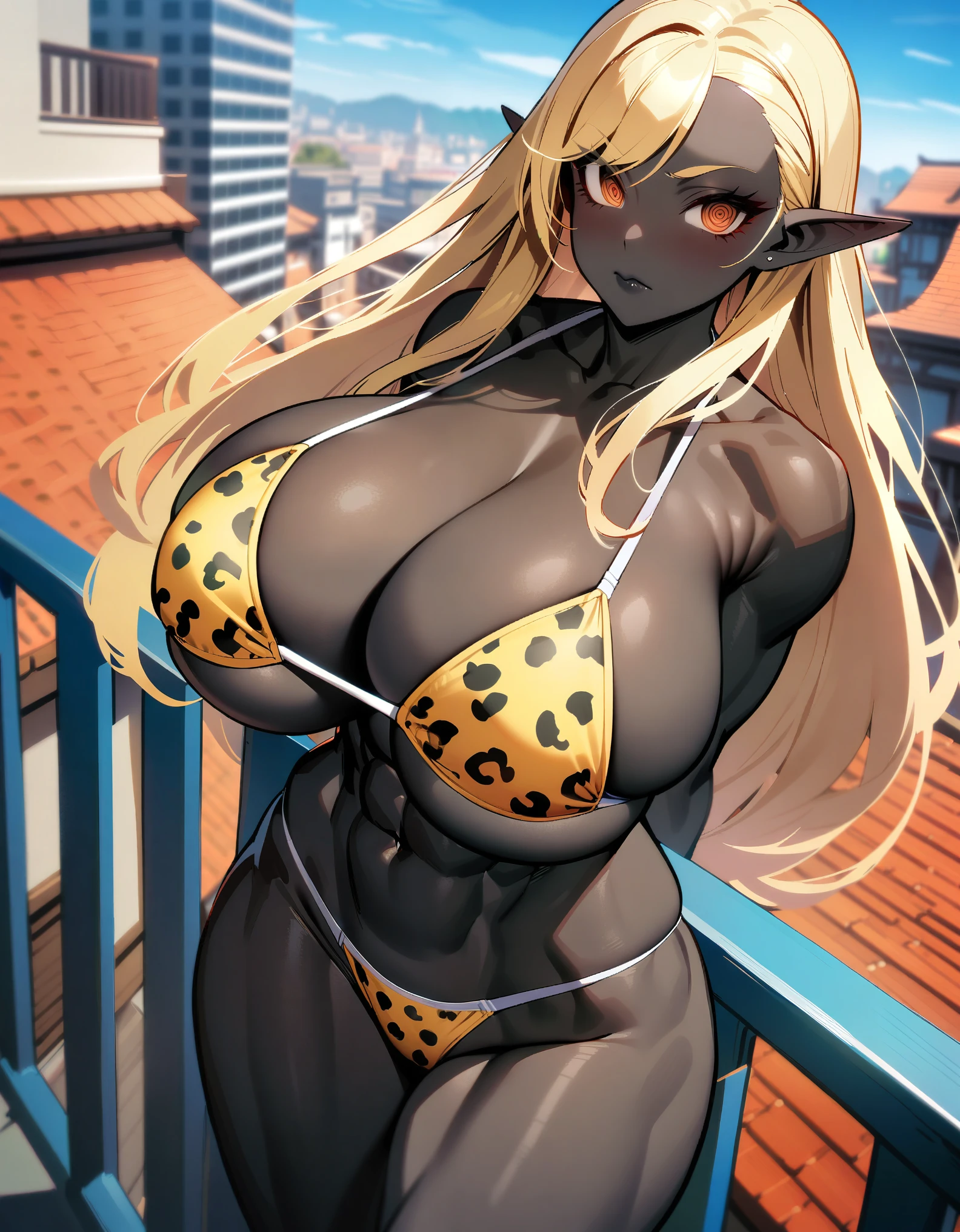 masterpiece, best quality, extremely detailed, 1girl, milf, solo, (muscular, abs:1.2), (dark skin, black skin:2), Chun-Li, (huge breasts:1.35), ((((blonde hair), long hair, brown eyes, pointy ears))), red lips, (((bikini, leopardbprint bikini, panties))), ((@_@), closed mouth), ((balcony, buildings))