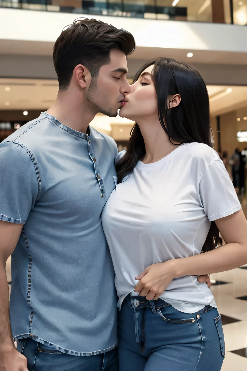 Man wearing white t shirt, denim shirt and jeans kissing a sexy woman wearing a white t shirt and jeans in a mall