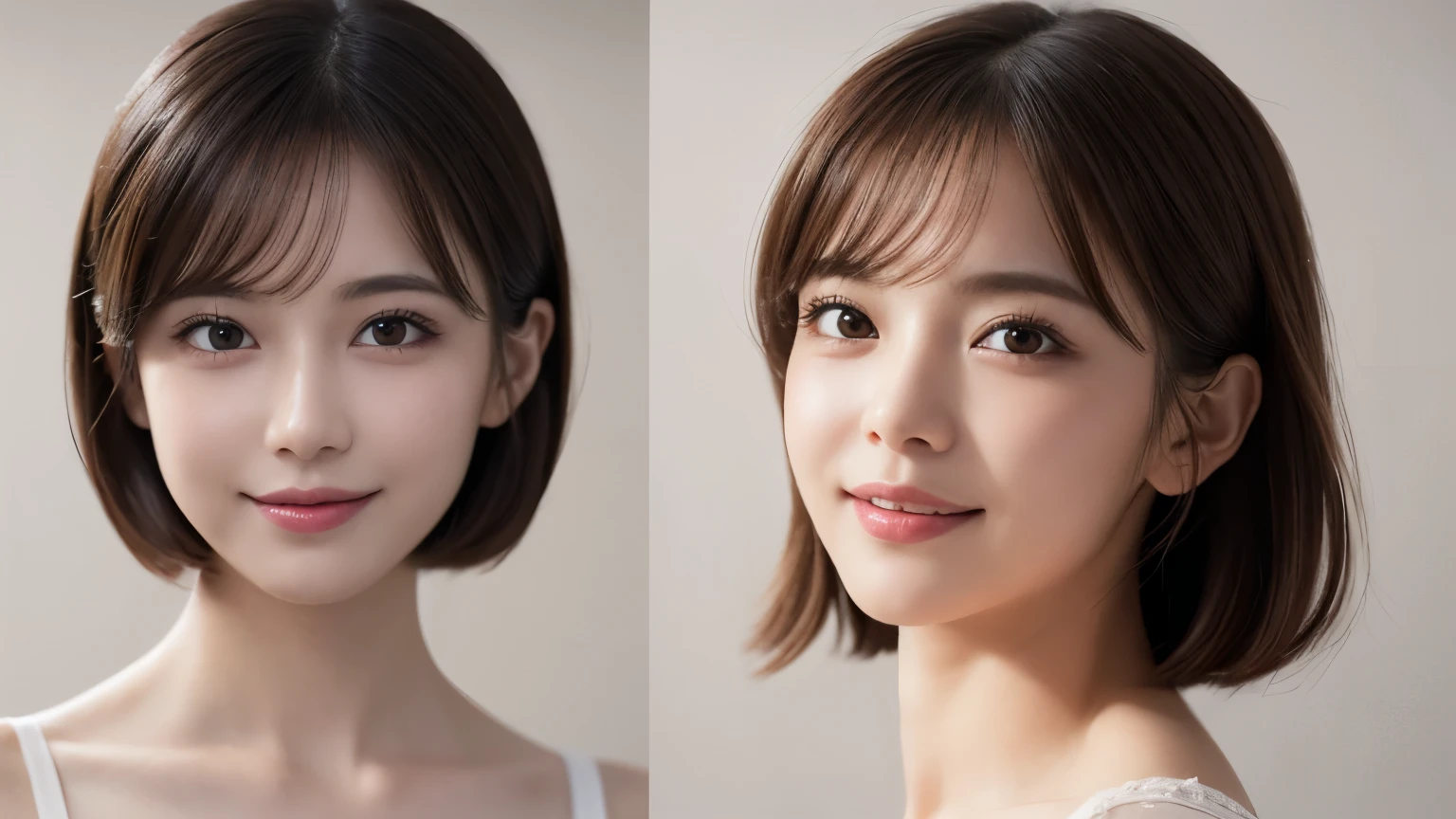 One Girl, (Dress in trendy fashion:1.2), (RAW Photos, highest quality), (Realistic, Photorealistic:1.4), Tabletop, Very delicate and beautiful, Very detailed, 2k wallpaper, wonderful, In detail, Very detailedな CG Unity 8K 壁紙, Very detailedな, High resolution, Soft Light, Beautiful detailed girl, looking at the camera、Very detailedな目と顔, Beautifully detailed nose, Beautiful fine details, short hair, small, black business suit、White background、Background is white、Cinema Lighting, Perfect Anatomy, Slender body, smile,