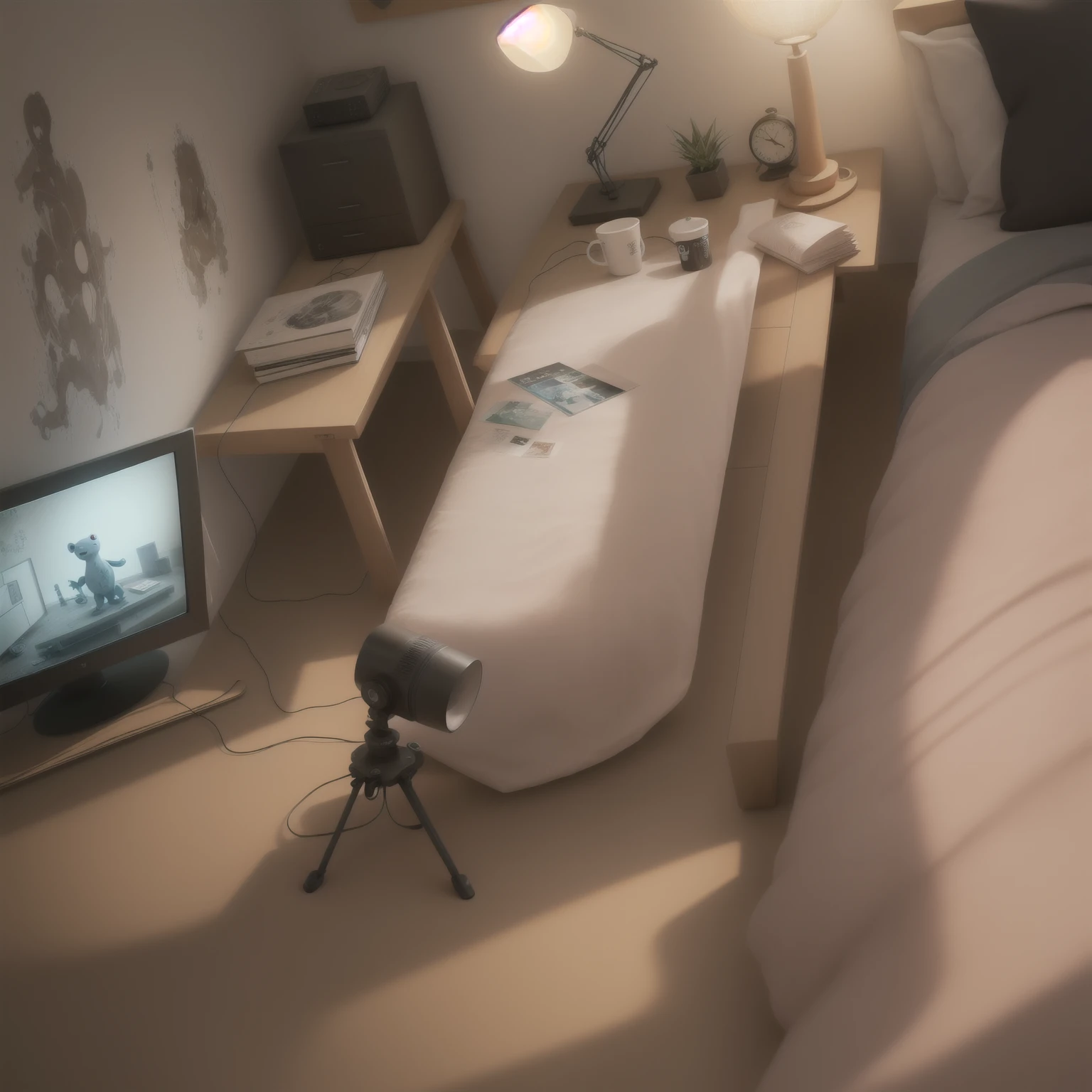 (Conformal projection method:1.5),(Pixar Style:1.2), room, bed, sofa,(Small Bonsai:0.8),Desk lamp, tv set, mural, 3D,,Panoramic Photos,White Background, Plain background,Global Illumination, Ray Tracing, modeling,High resolution,Octane Rendering,Unreal Rendering,Behind,dribble,Art Station,highest quality, 8k,  