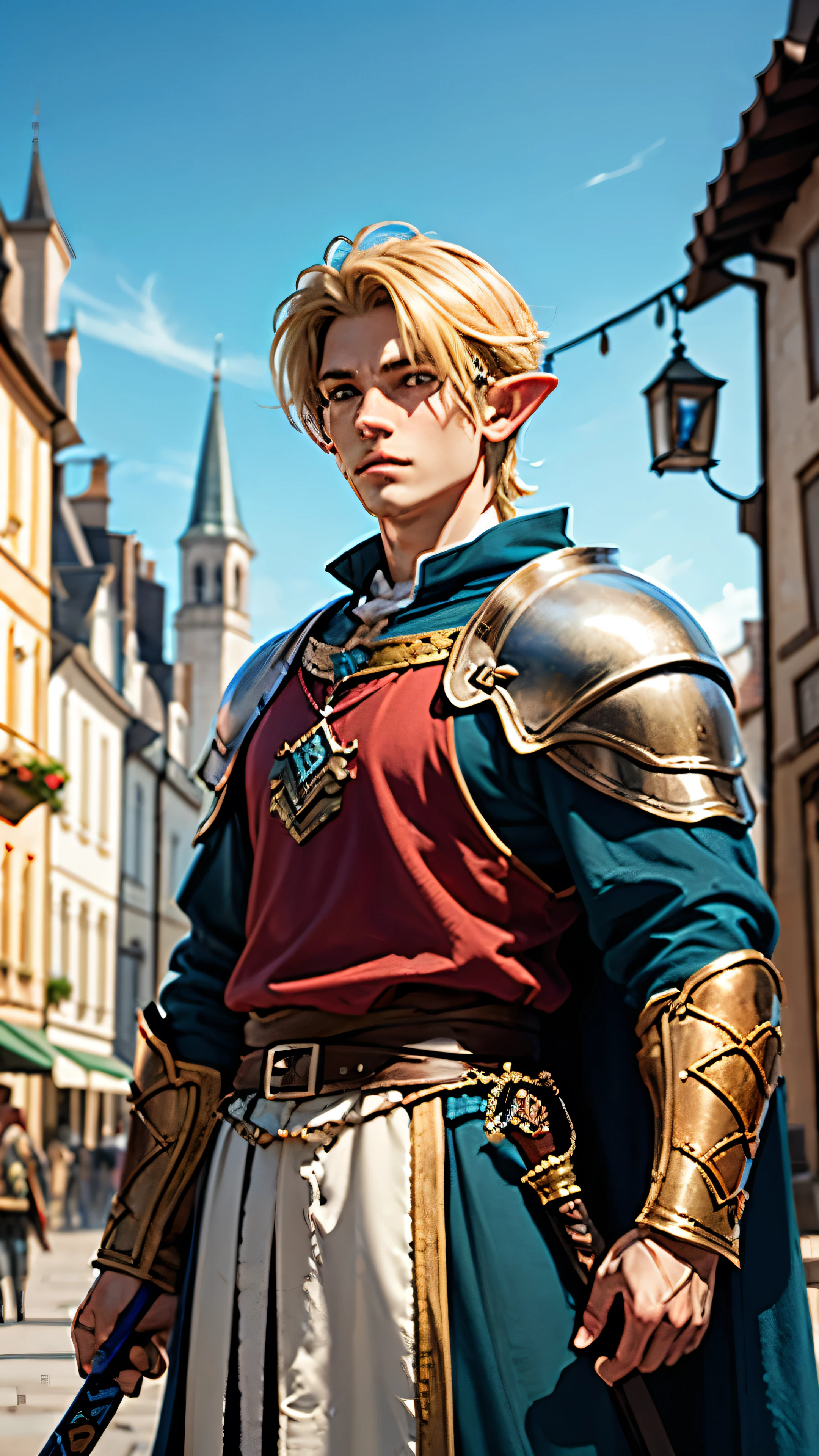 medieval fantasy art, a young male elf, he is wearing a brest plate, medium lenght blonde hair, has a longsword and shield, wearing red fine clothes, a medieval city on the background, ultra realistic