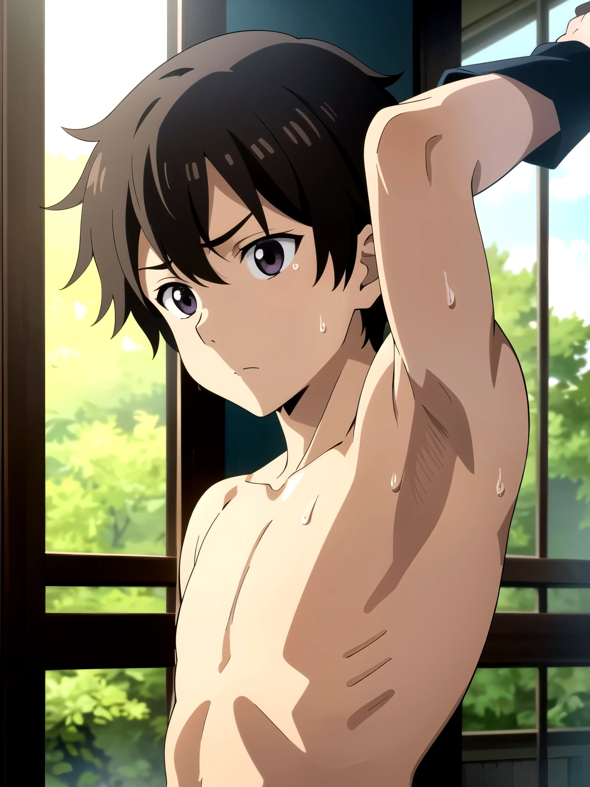 Highres, Masterpiece, Best quality at best,Best Quality,hight quality, hight detailed, anime style, 1boy, Boy, Shota, Shirtless, Without cloths, Seen from the front, look at viewer, Look like little brother, (very young boy), (very small and short body), 12-year-old boys, (Showing armpit:1.3), Such a cute smooth armpit, Cute armpit, Sexy armpit, beautiful armpits, seductive armpits,, Cute face, hansome boy, seductive pose, uhd