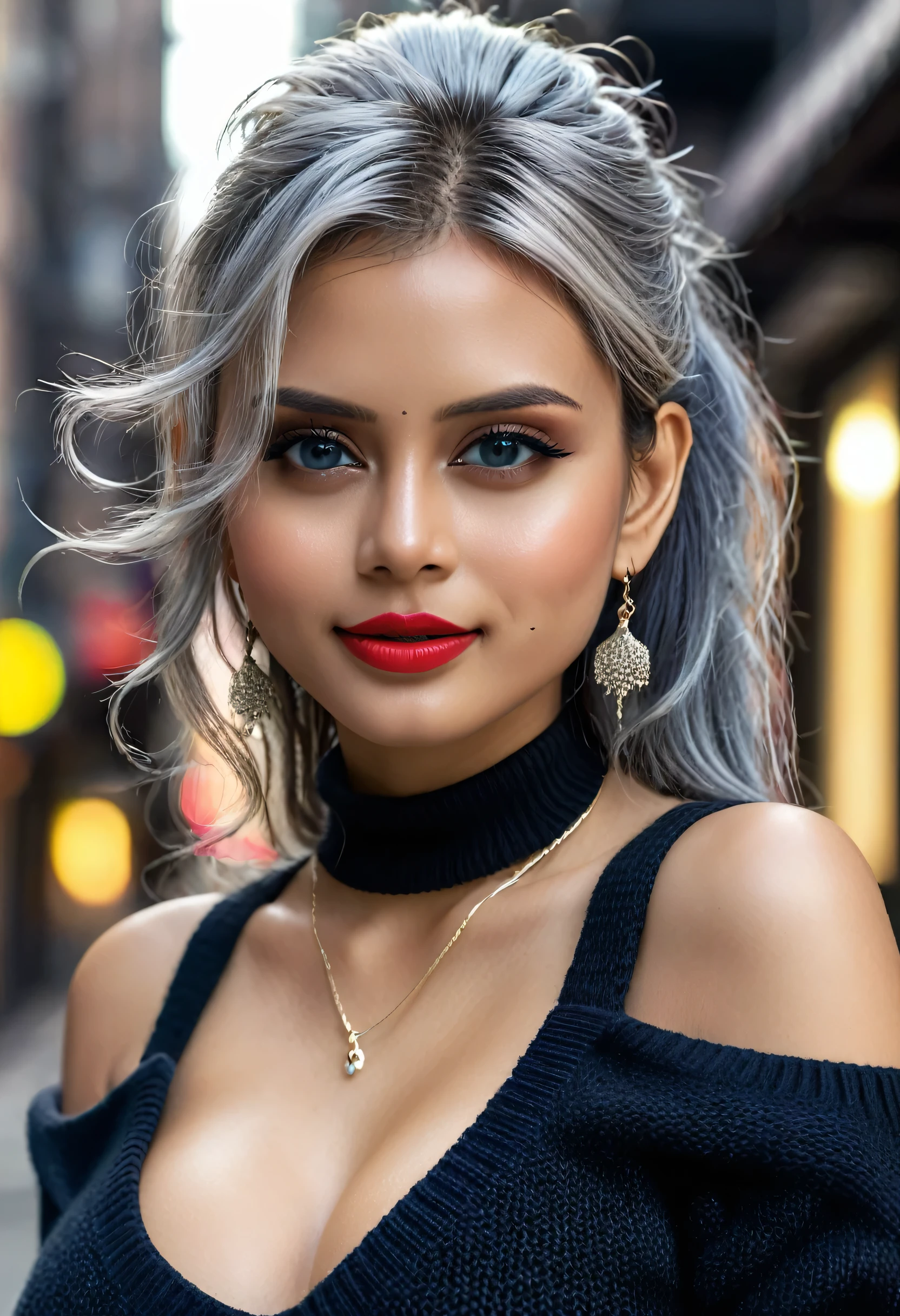 Urban lindo girl college , obra de arte, maquiagem leve, Red lips, Cabelo prateado, long messy hair, fundo de rua, lindo, elegante. detalhes super finos, obras mestres, authentic texture, cinematic lighting realism, trabalho perfeito, 16K, High definition, recursos requintados,olhos azuis、Japanese Idol、rosto bonito、Sorriso fofo、cabelo castanho、lindo hair、rabo de cavalo、glamoroso、 seios grandeamilos eretos、Oily muscle、pele brilhante、pele bronzeada、Pele negra brilhante、Sexy knitted sweaters, olhos grandes e brilhantes, pele macia, brincos, colar, tatuagem