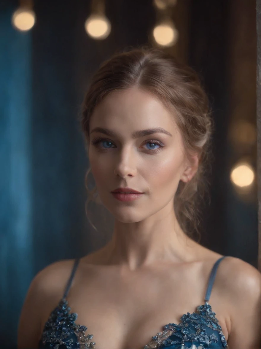 foto profissional de corpo inteiro, alto detalhe, pele realista. As the camera pans around the room, the magical bokeh of the lights creates a dreamlike atmosphere. No centro da sala, is a 45 year old MILF goddess, corpo musculoso e cabelos loiros , boca grande, fleshy lips and blue eyes. She is wearing a pair of sparkling earrings and a dress with a generous neckline drawing attention to her large breasts., adding a touch of mystery to its already intriguing presence. its intricate details adding to the overall cinematic feel of the scene.