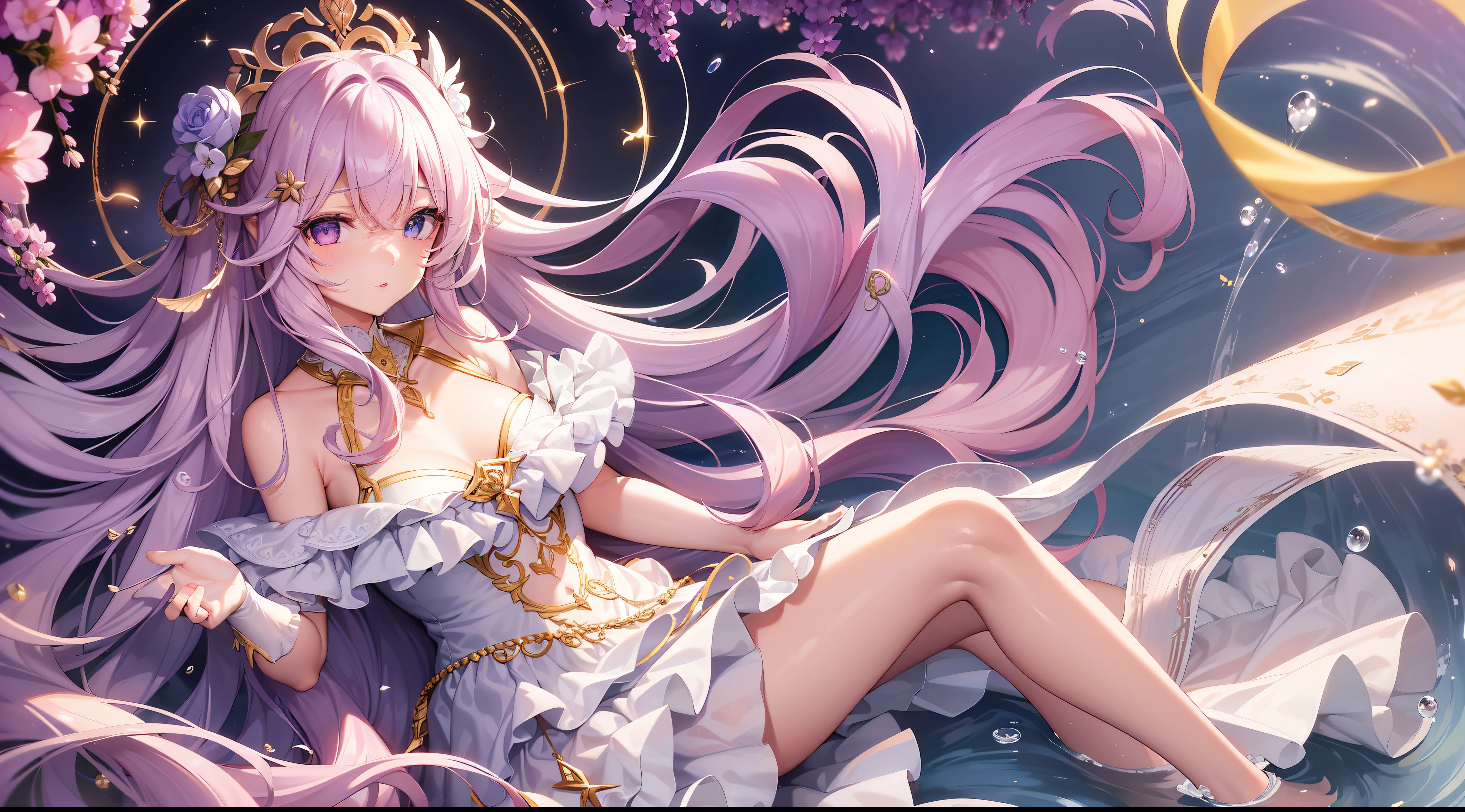 {{{Meisterwerk}}}, {{best quality}}, {{super nice illustration}}, {{beautiful and delicate water}}, {{beautiful and detailed eyes}, {sehr detailliertes Licht}, {perfekte und zarte Glieder}, {Natur}, {Malerei}, {Water bloom}, {zartes Leuchten}, {{very nice 8KCG wallpaper}}, Lavendel Augen, pfirsichrosa Pupillen, hole body, white hair, Leuchtende Augen, an extremely delicate and beautiful girl, (1 girl), mittlerer Brustumfang, dynamischer Winkel, (Violettes Kleid mit Goldverzierung), (long hair flying around everywhere), (beautiful hair decoration), (zartes nasses Kleid), (Brise), lange Haare hochgesteckt, ((unordentlicher Haarstil)), (langer Pony zwischen den Augen), zerknitterter Rock, Blumenwiese, near the water's edge, (((Sonnenuntergang)), (weniger Sterne bilden einen Kreis), randomly distributed clouds, (Rivers), (Weiden mit ins Wasser fallenden Zweigen)