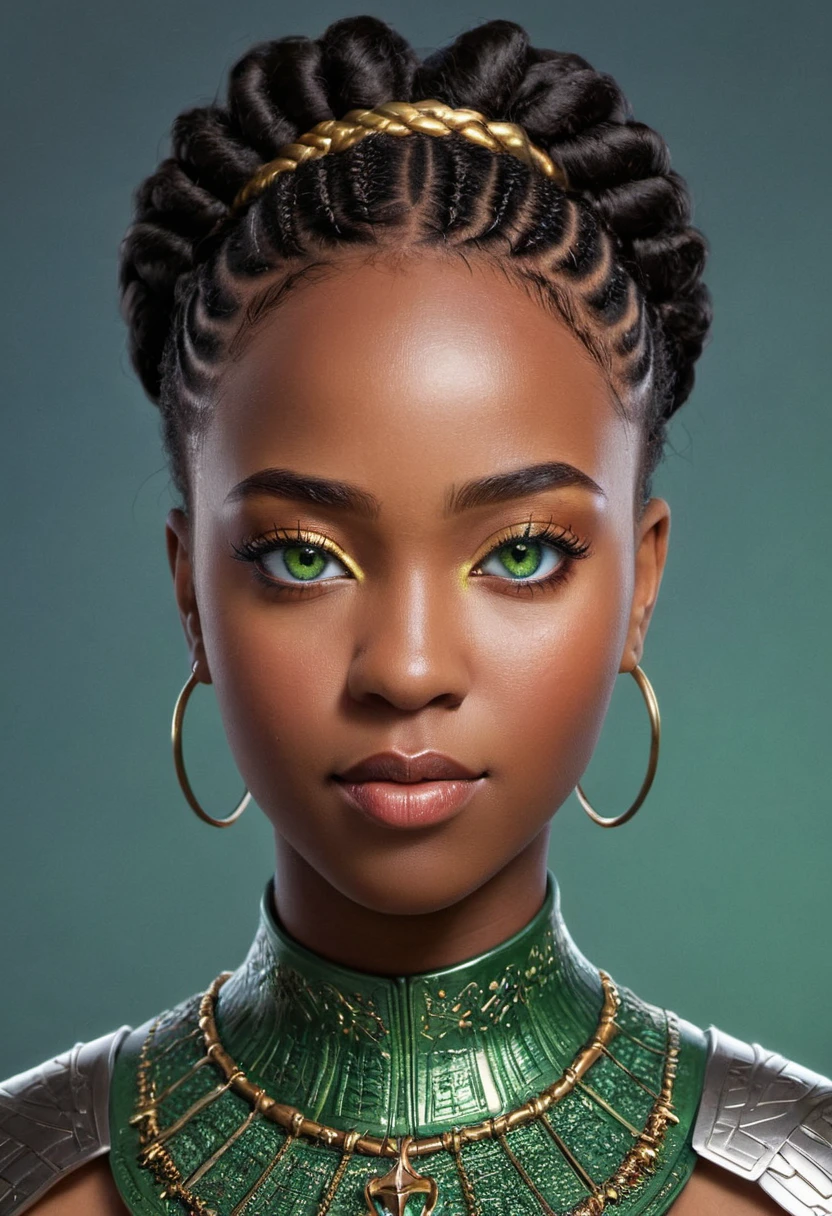 full body portrait of a ((Nubian1.5)) queen Nubia, ((light green hazel eyes:1.5)), Woman from Wakanda beautiful ((black female:1.2)), dark-skin, black hair, braided hair, Graceful Midnight Angel of God, beautiful d&d character portrait, colorful fantasy, detailed, realistic face, digital portrait, intricate armor, fiverr dnd character, Afrocentric, stanley artgerm lau, ilya kuvshinov, artstation, hd, octane render, hyperrealism, unreal engine, attention to detail.