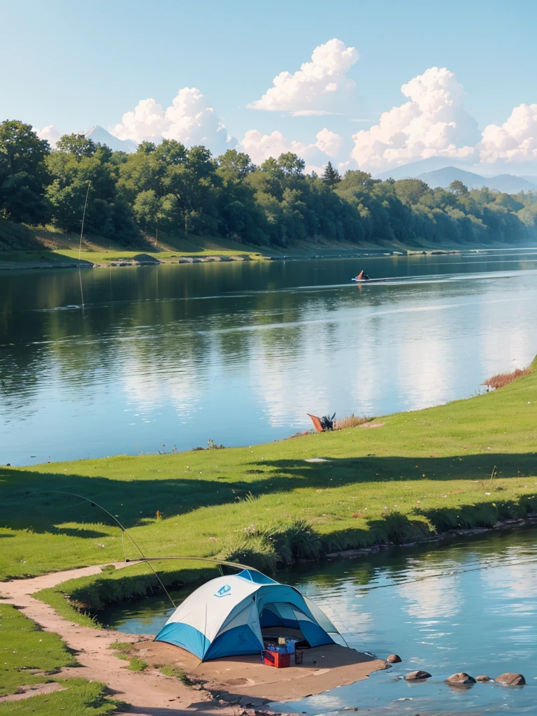 There are tents and fishing poles on the river bank