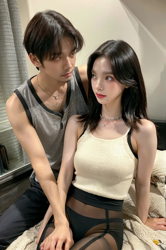 1 woman and 1 man on bed, couple, short hair, medium chest, black hair, bare shoulders, Jewelry Jewelry, brown eyes, nail art, pantyhose, parted Lips, sleeveless, inside, medium hair, Tight dress, Lips, book, Shirts and panties worn by men, Officetel, lover, skinship between men and women, face to face conversation,