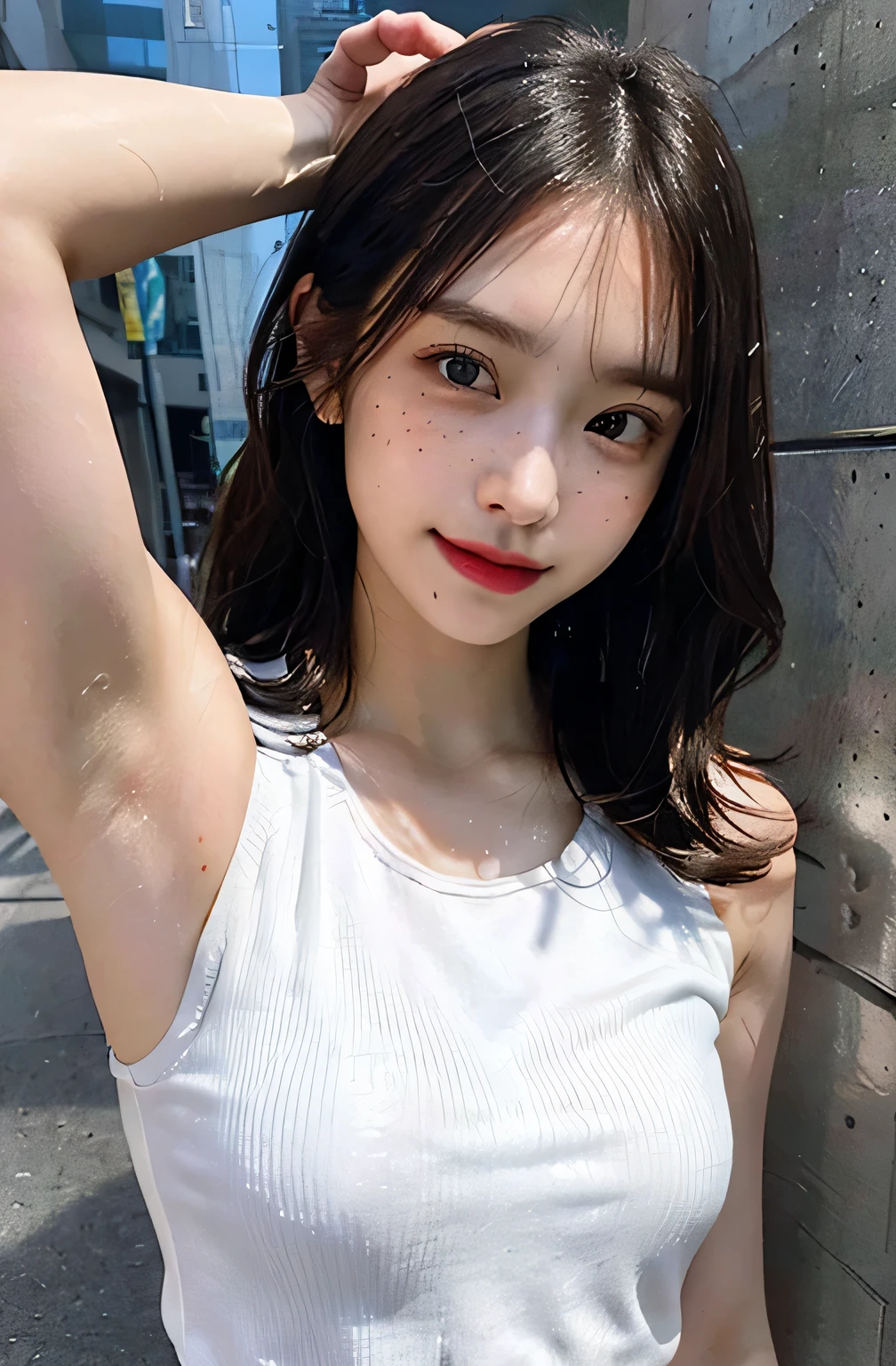 ((Show underarms、Armpit、oiled slimy armpits:1.15、Oiled tecateca armpits:1.15、Detailed wrinkles in the armpits:1.8、Wrinkles under the armpits:1.8、Sweaty face、Show me your armpits、The body is turned to the front、A hyper-realistic、Armpit、Bright armpits:1.8、Shine a light in the armpits:1.8、Detailed armpit wrinkles、Detailed armpit pores、Realistic armpit skin、smaller face:1.4、Shine a light in the armpits、Bright armpits、no-bra、Sweat-drenched white sleeveless tank top)), (no-bra、ssmile、on the park、Alone girl in the park、illustratio、no-bra、Sweat-drenched sleeveless tank top、White panty), (hight resolution), (8K), (ighly detailed), (The best illustrations), (armpit pose、beatiful detailed eyes), (top-quality), (ultra-detailliert), (masterpiece), (wall-paper), (Detailed face), 8 years old girl、Freckles on the face、Show shiny wrinkled armpits,Brown hair,high-ponytail Hairstyle、Upper body only,Navel is visible、No bra、Girl in sweaty white tank top without sleeves, japanes,