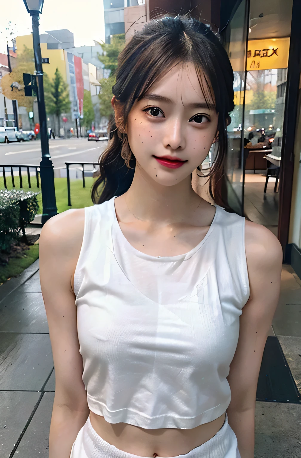 ((Show underarms、Armpit、oiled slimy armpits:1.15、Oiled tecateca armpits:1.15、Detailed wrinkles in the armpits:1.8、Wrinkles under the armpits:1.8、Sweaty face、Show me your armpits、The body is turned to the front、A hyper-realistic、Armpit、Bright armpits:1.8、Shine a light in the armpits:1.8、Detailed armpit wrinkles、Detailed armpit pores、Realistic armpit skin、smaller face:1.4、Shine a light in the armpits、Bright armpits、no-bra、Sweat-drenched white sleeveless tank top)), (no-bra、ssmile、on the park、Alone girl in the park、illustratio、no-bra、Sweat-drenched sleeveless tank top、White panty), (hight resolution), (8K), (ighly detailed), (The best illustrations), (armpit pose、beatiful detailed eyes), (top-quality), (ultra-detailliert), (masterpiece), (wall-paper), (Detailed face), 8 girl、Freckles on the face、Show shiny wrinkled armpits,Brown hair,high-ponytail Hairstyle、Upper body only,Navel is visible、No bra、Girl in sweaty white tank top without sleeves, japanes,