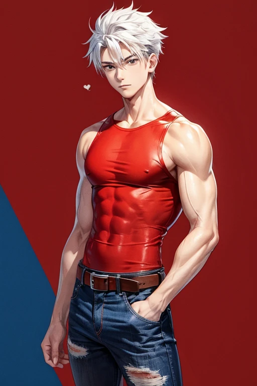 Creates a young adult in a pensive pose. Her short blonde hair, slanted Asian blue eyes, two lip piercings. His face is attractive and his expression is thoughtful. He is someone tall, athletic, thin and strong without exaggeration. He wears a red shirt, torn black pants, and wears masculine bracelets on his wrists.