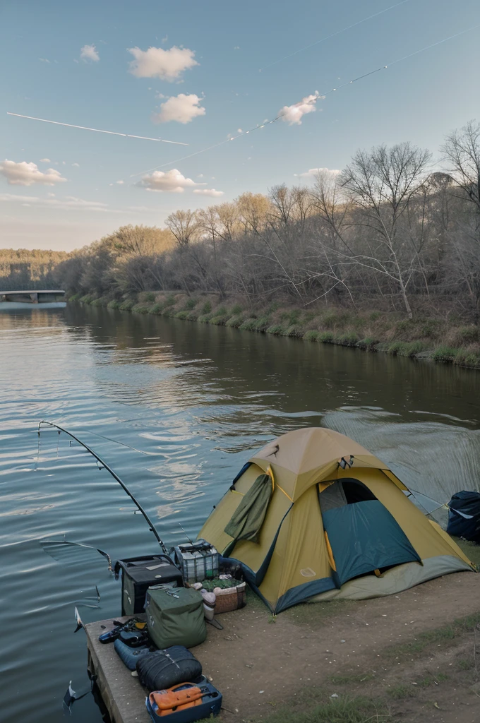 There are tents and fishing poles on the river bank