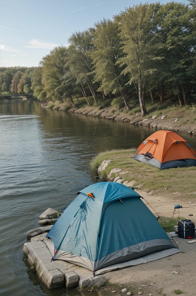There are tents and fishing poles on the river bank