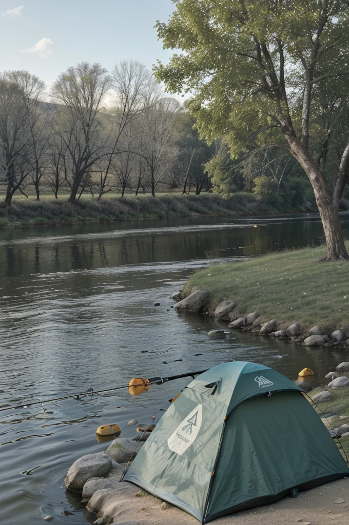 There are tents and fishing poles on the river bank