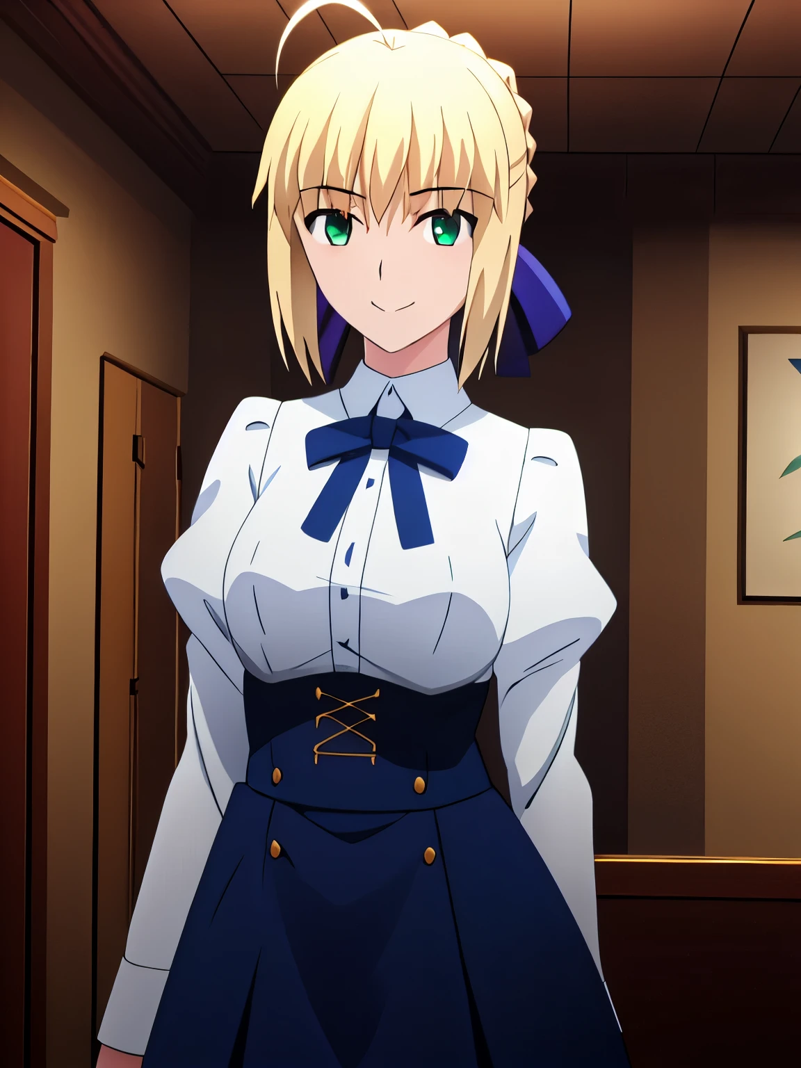 Best_quality, masterpiece, highres, detailed, detailed_background, ray_tracing_graphic, solo, adult_female, {saber_fatestaynightufotable:1.15}, blonde_hair, little_ahoge, detailed_green_eyes, blue_ribbon, 1girl, anime_coloring, detailed_face, happy, smile, saliva, five_fingers, blush, large_breasts, wet_body, blue_apron, from_the_front, sit, bed, white_room, squeeze_breasts, night_time, looking_at_viewer, oily_skin, detailed_skin, detailed_texture, sixpack_abs
