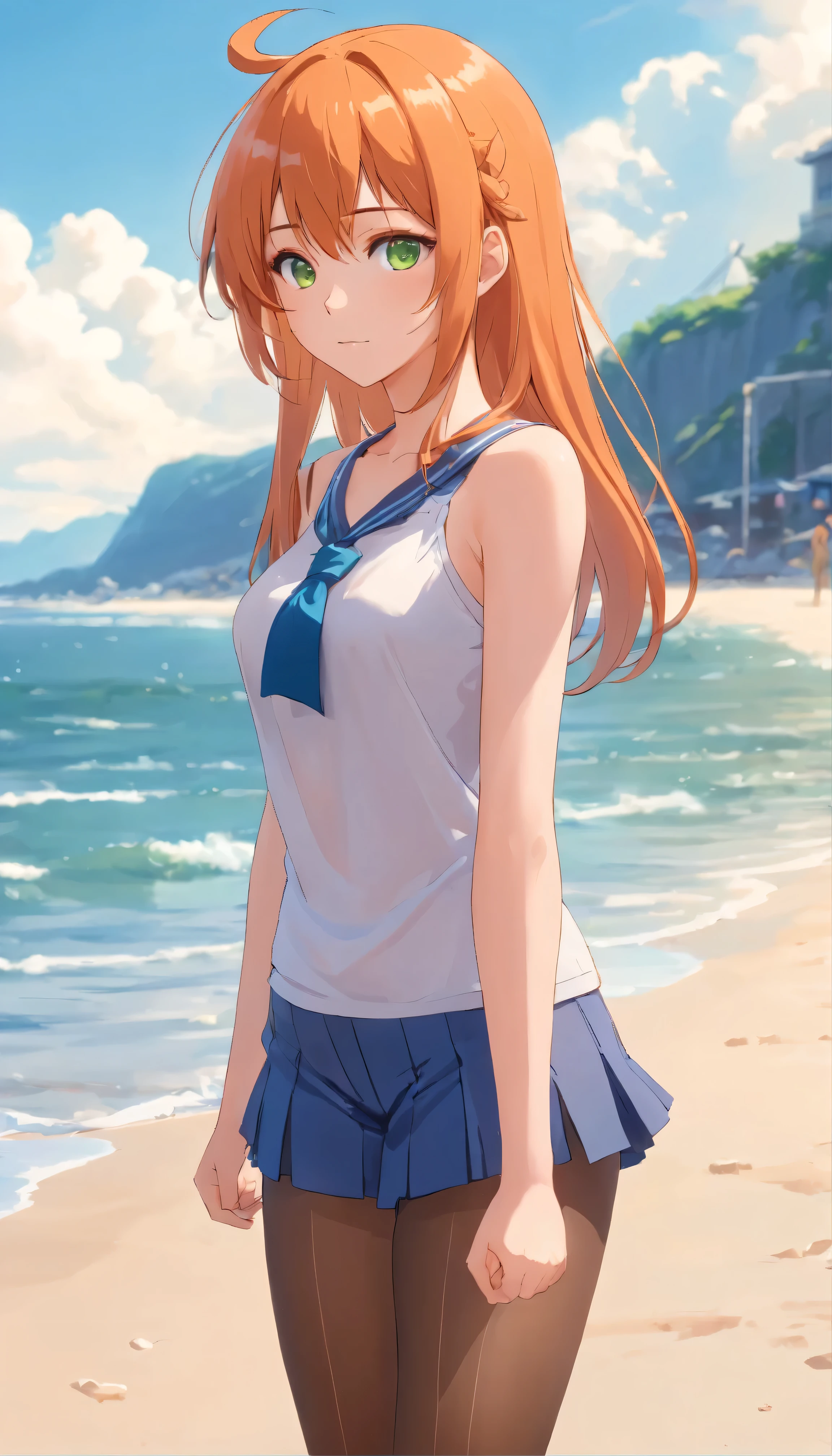Anime girl with long orange hair, standing on the beach near the ocean, green eyes detailed digital anime art, cat ear, anime girl with long hair, гладкое аниме cg art, anime girl with long hair, digital anime art, work in Guweiz style, Beautiful anime portrait, Photorealistic render of an anime girl, pantyhose, Beautiful anime girl, advanced digital anime art, guweiz на artstation pixiv HD UHD HQ