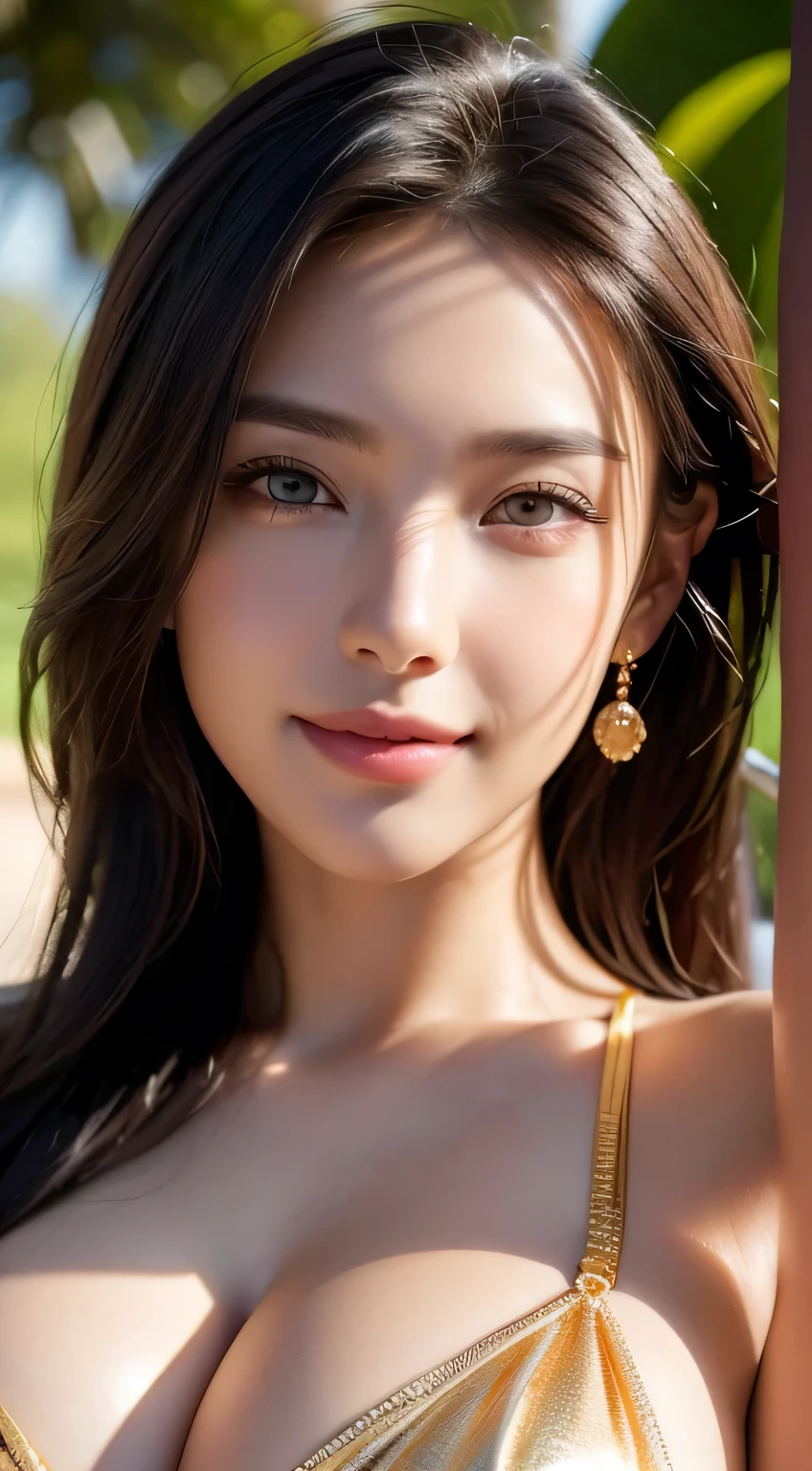 Body portrait, 8K, thin and beautiful eyes, Dindal effect, masterpiece, top quality, high quality, high resolution, very detailed photo, real photo quality, (natural skin texture, fine skin, hyper realism, super Sharpness), High Detail Skin, (Very Fine, Fine Skin Texture, Intricate Details, Beautiful Face, (Realistic Face), Realistic Eyes, Beautifully Detailed Eyes, Realistic Skin, Beautiful Skin, Surreal, Very Detailed, golden ratio, smiling eyes, daytime sunlight, skin glowing in the sun, shiny skin with oil, body portrait, G cup, big breasts, huge breasts, glamorous, erotic body, side-tie bikini bottom