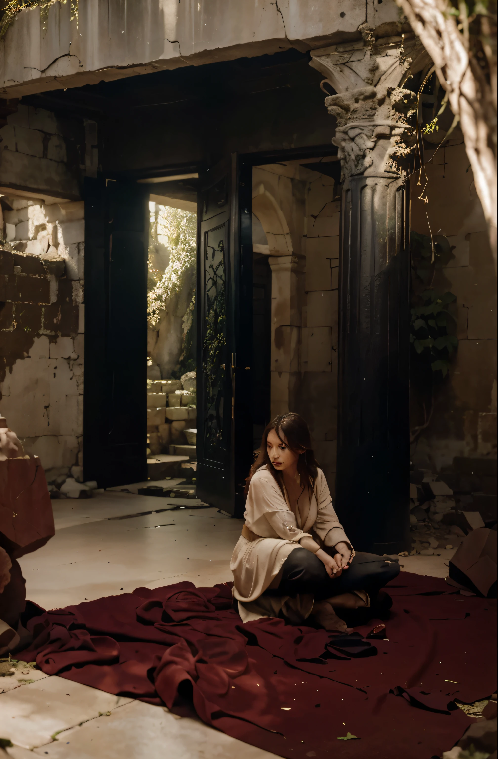 (Best quality, 8k, 32k, Masterpiece, UHD:1.2) Transform the setting of the image into "The Ruins of the Lost Kingdom" from Frieren: Beyond Journey's End. Envision crumbling stone structures overtaken by nature, with vines snaking their way through ancient archways and moss covering weathered statues. Set the scene in a misty atmosphere, adding an air of mystery to the forgotten kingdom. Highlight the sense of history and grandeur, even in its decay, as the characters navigate the ruins in search of lost secrets and treasures.