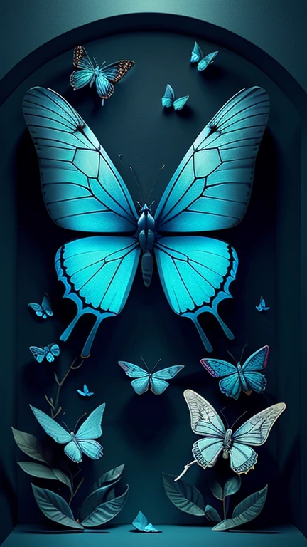 blue butterfly, (many blue butterflies), Accent Lighting, Volumetric Lighting, backlighting, (Fractal Art:0.8), (design art: 1.5), (Highly detailed), (high resolution), (Best quality), (masterpiece)
