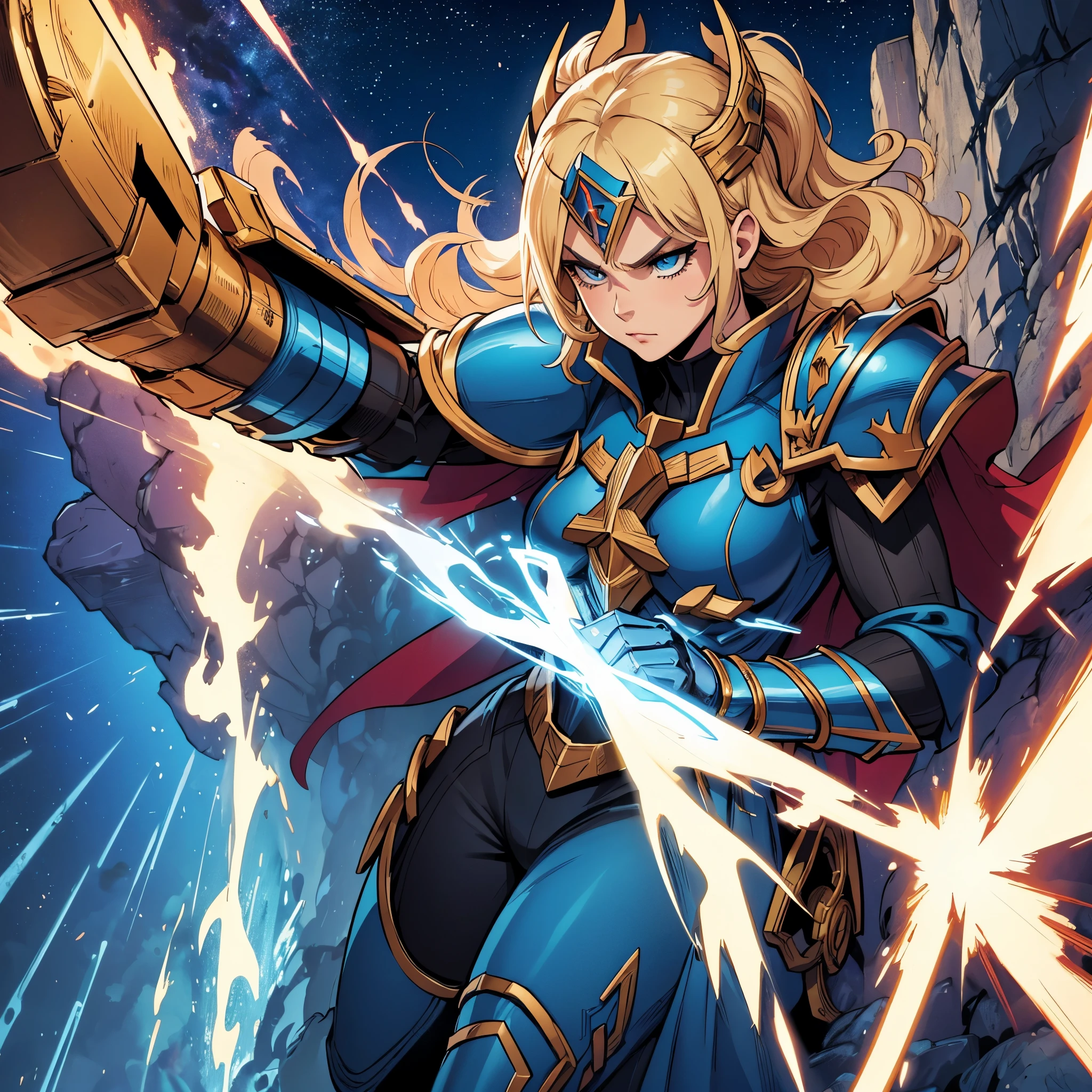 A comic book character in the style of Jack Kirby's New Gods.blonde haired norse goddess wearing a helmet, dark blue armor with gold trim, armored Gauntlet. cape with star-field. She has a stern expression. Winged helmet. Posed with arm raised Shooting lightning from hand.