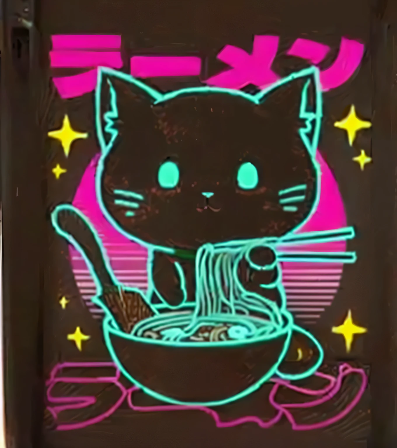 a close up of a black shirt with a cat eating fideos, gato kawaii, nekomimi, Ambiente kawaii, tatami galaxy, comiendo ramen, kawaii aesthetic, Japanese kawaii style, El gato cocina sopa, Japanese Kawaii Style, gato animado, ❤🔥🍄🌪, ramen, eating fideos, Gato Nyan, fideos, samurai cat, 8 0 s ambiente anime