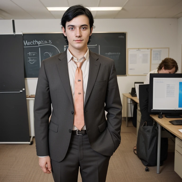 Black haired man with office suit giving workshops