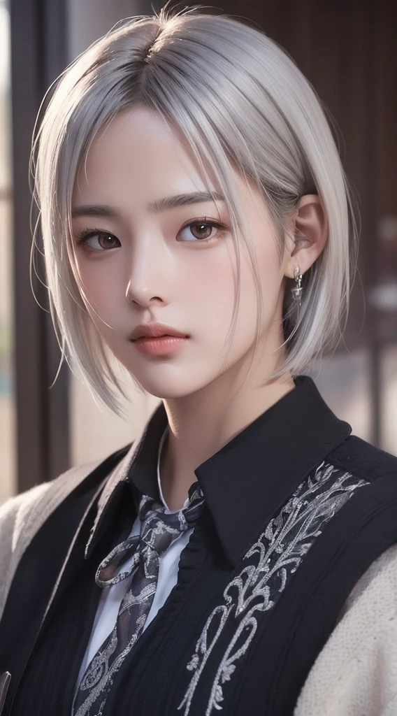 Realistic, Tabletop, highest quality, RAW Photos, One Girl, alone, Handsome Short Hair, Silver Hair、Detailed face, Attractive face, Black collared shirt, Medium chest, Dynamic pose, View your viewers, From below, Detailed Background, Fine details, Intricate details, Ray Tracing, Depth of written boundary, Low Key, Hmph