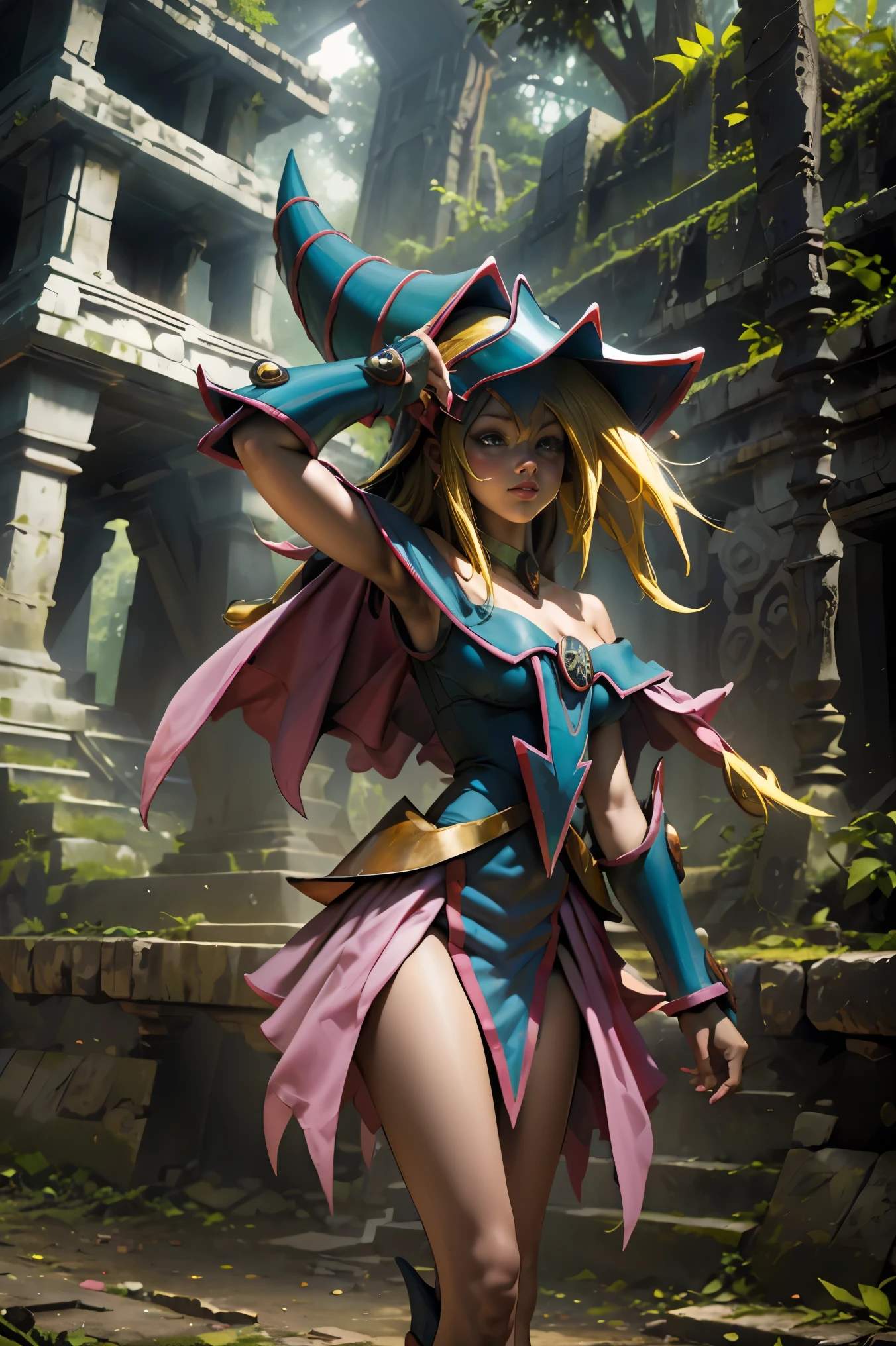 Hermosa dark magician gils. She is in the Mayan jungle. En medio de las ruinas mayas de Tikal. 