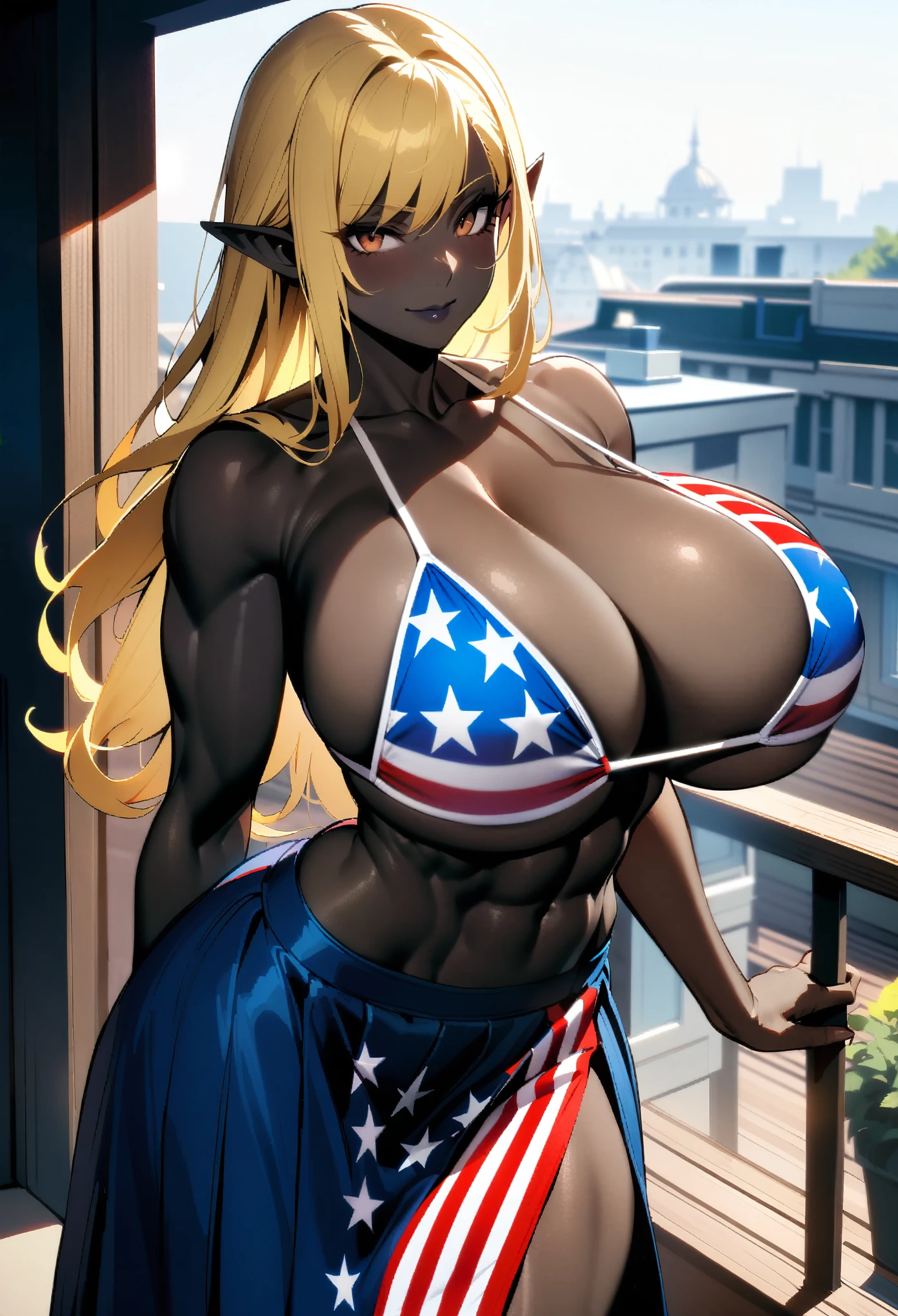 masterpiece, best quality, extremely detailed, 1girl, milf, solo, (muscular, abs:1.2), (dark skin, black skin:2), Chun-Li, (huge breasts:1.35), ((((blonde hair), long hair, brown eyes, pointy ears))), red lips, (((bikini,  american flag print bikini, medium skirt, pamtyhose))), ((light smile), closed mouth), ((balcony, buildings))